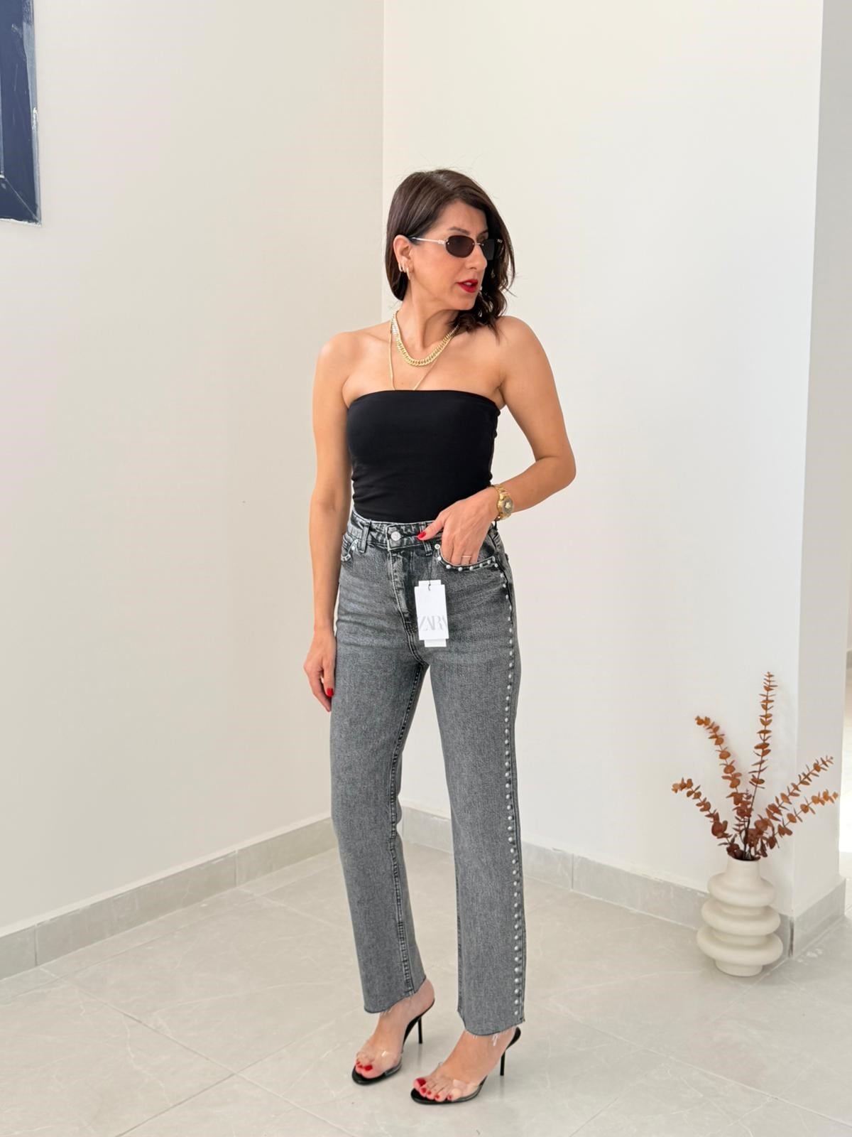 Premium Kalite Yüksek Bel Zımbalı Boyfit Jean Koyu Gri
