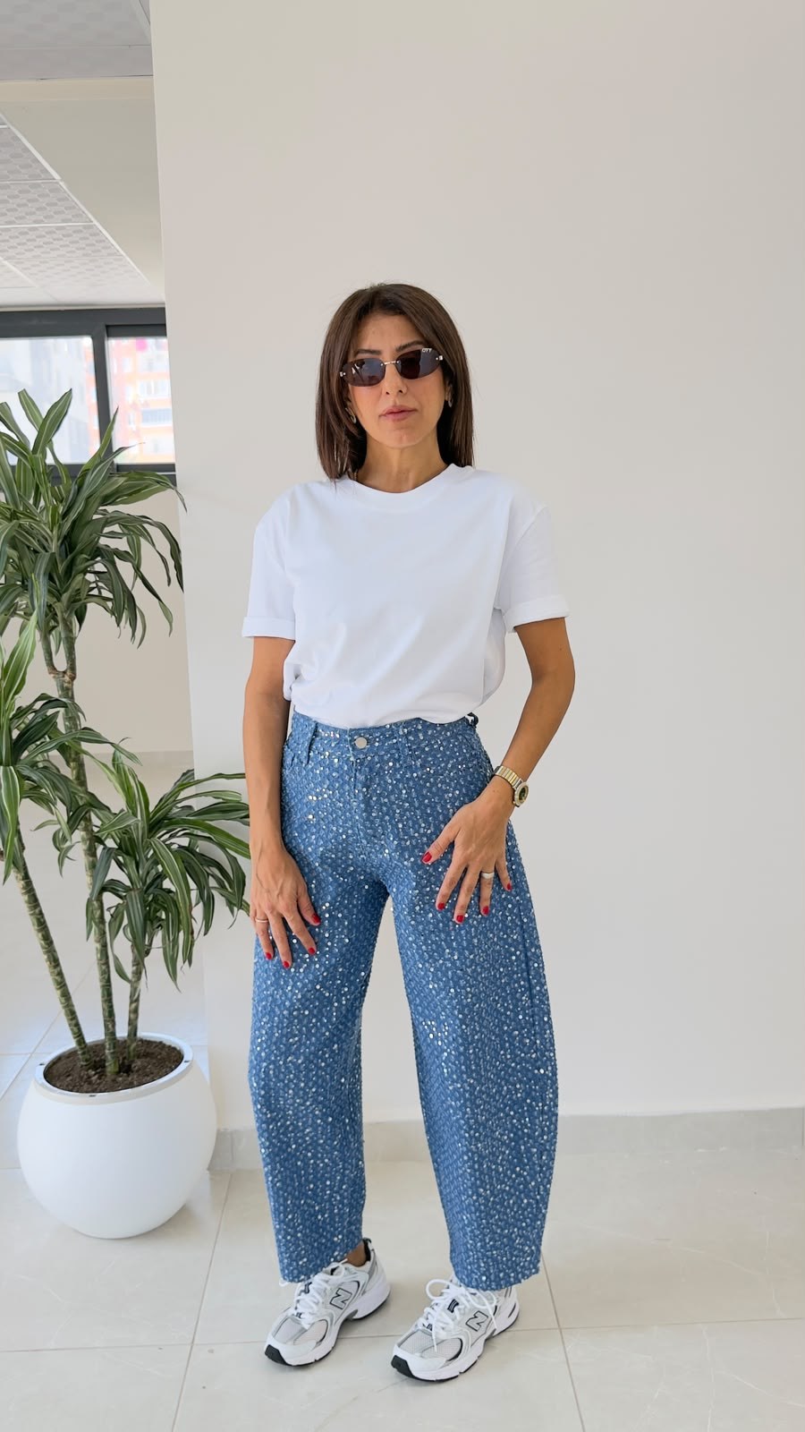 Premium Pullu Balon Jean Koyu Mavi
