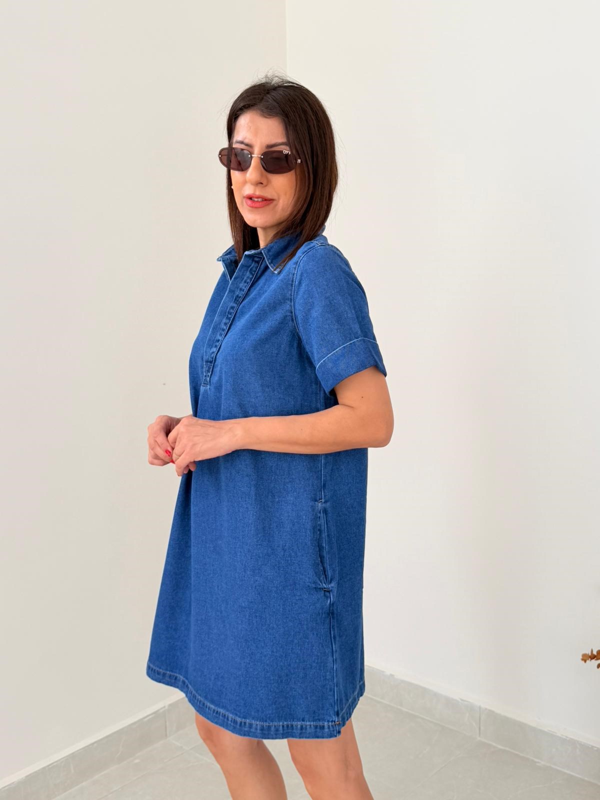 Premium Seri Polo Yaka Kısa Denim Elbise