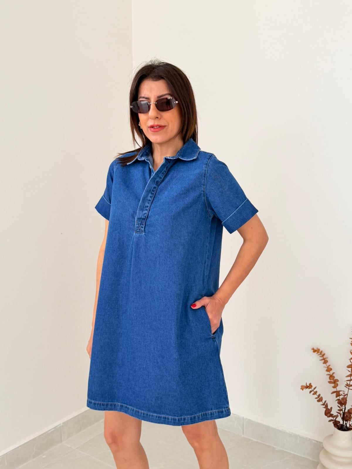 Premium Seri Polo Yaka Kısa Denim Elbise
