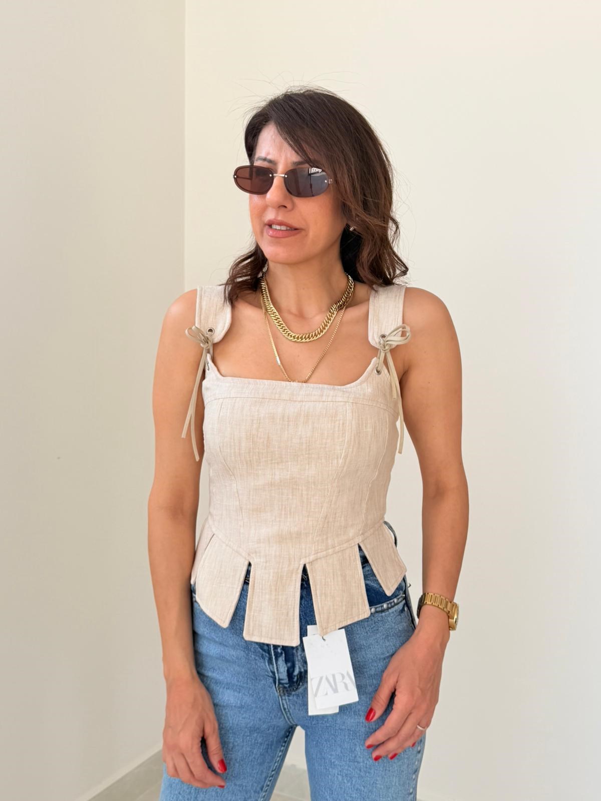 Premium Seri Tasarım Korse Bluz Bej