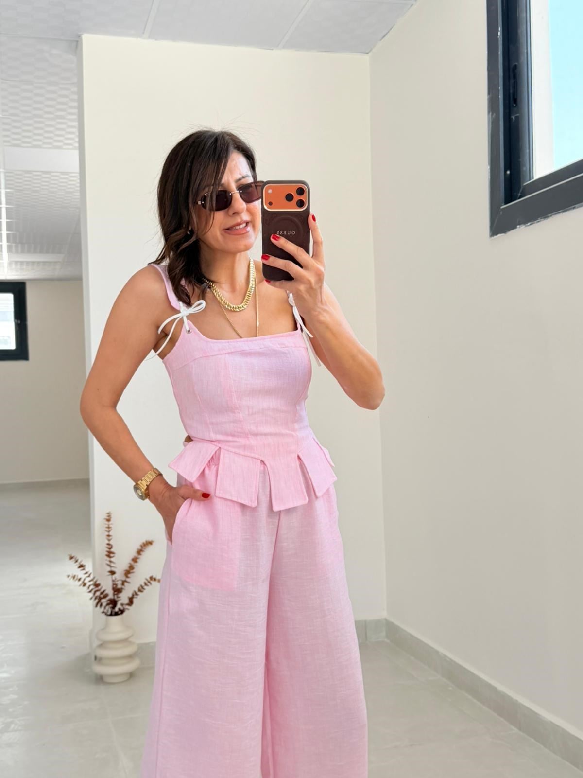 Premium Seri Tasarım Korse Bluz Pantolon Takım Pembe