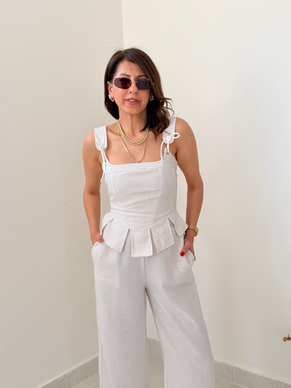 Premium Seri Tasarım Korse Bluz Pantolon Takım Bej