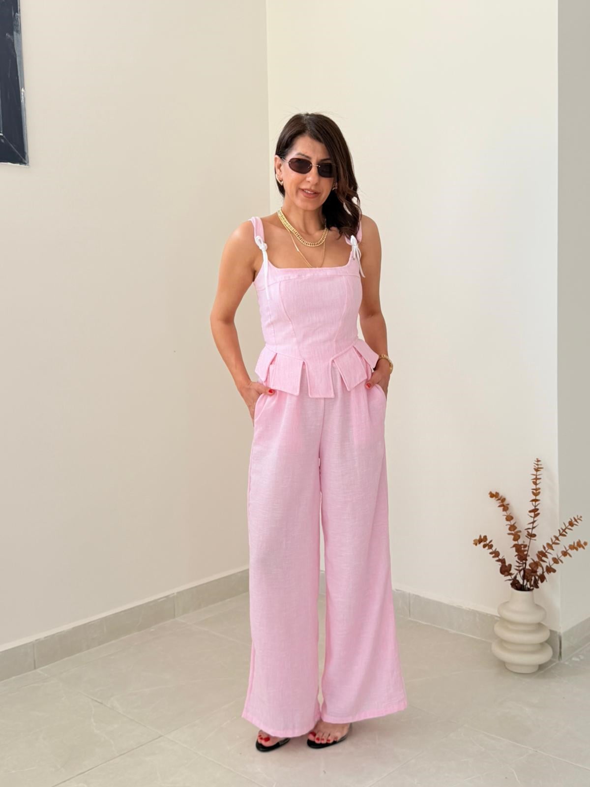 Premium Seri Tasarım Korse Bluz Pantolon Takım Pembe