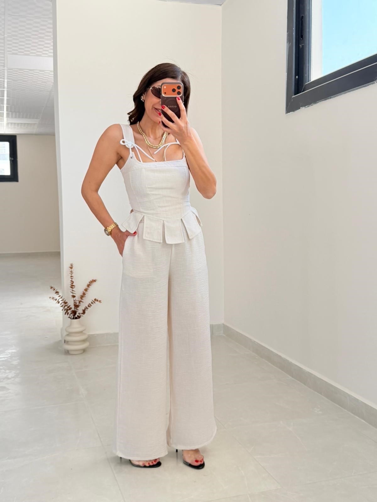 Premium Seri Tasarım Korse Bluz Pantolon Takım Bej