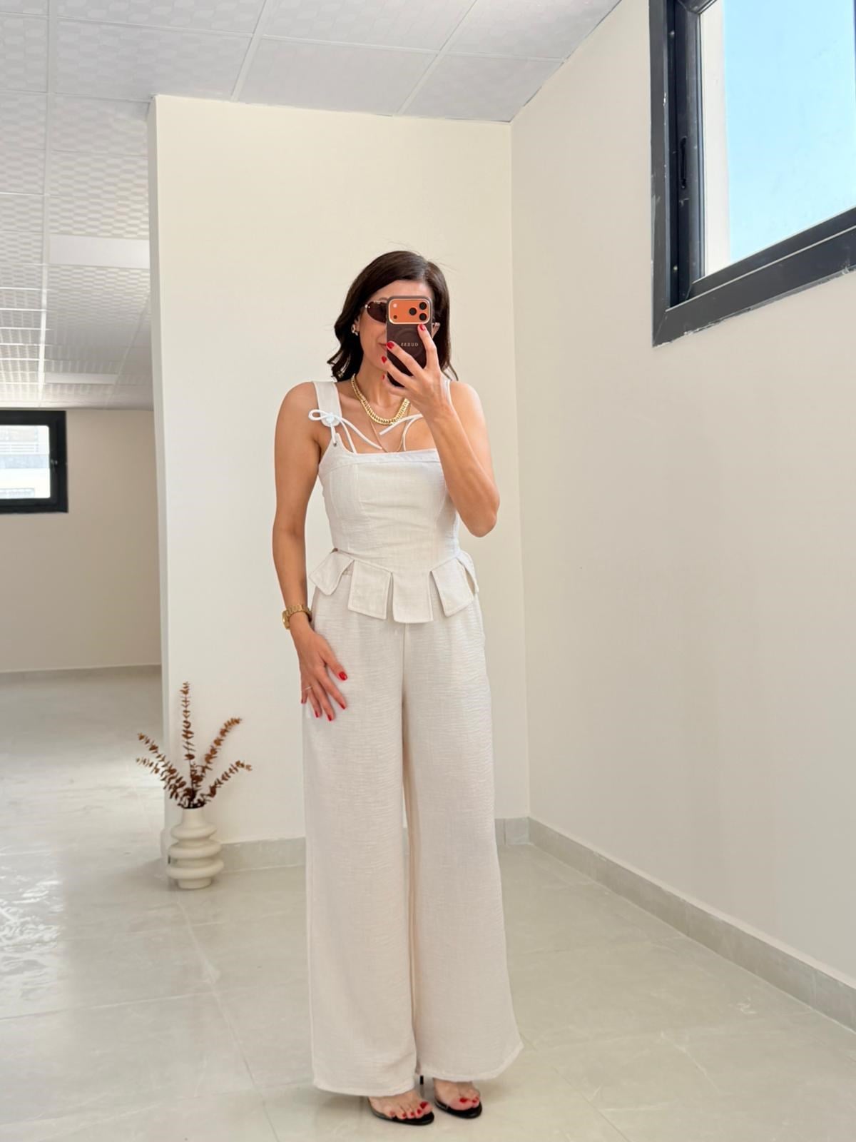 Premium Seri Tasarım Korse Bluz Pantolon Takım Bej
