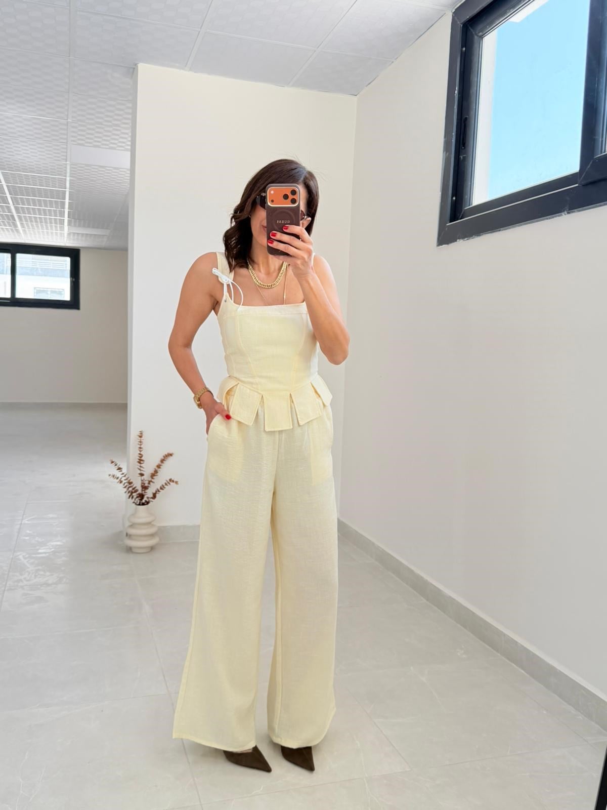 Premium Seri Tasarım Korse Bluz Pantolon Takım Sarı