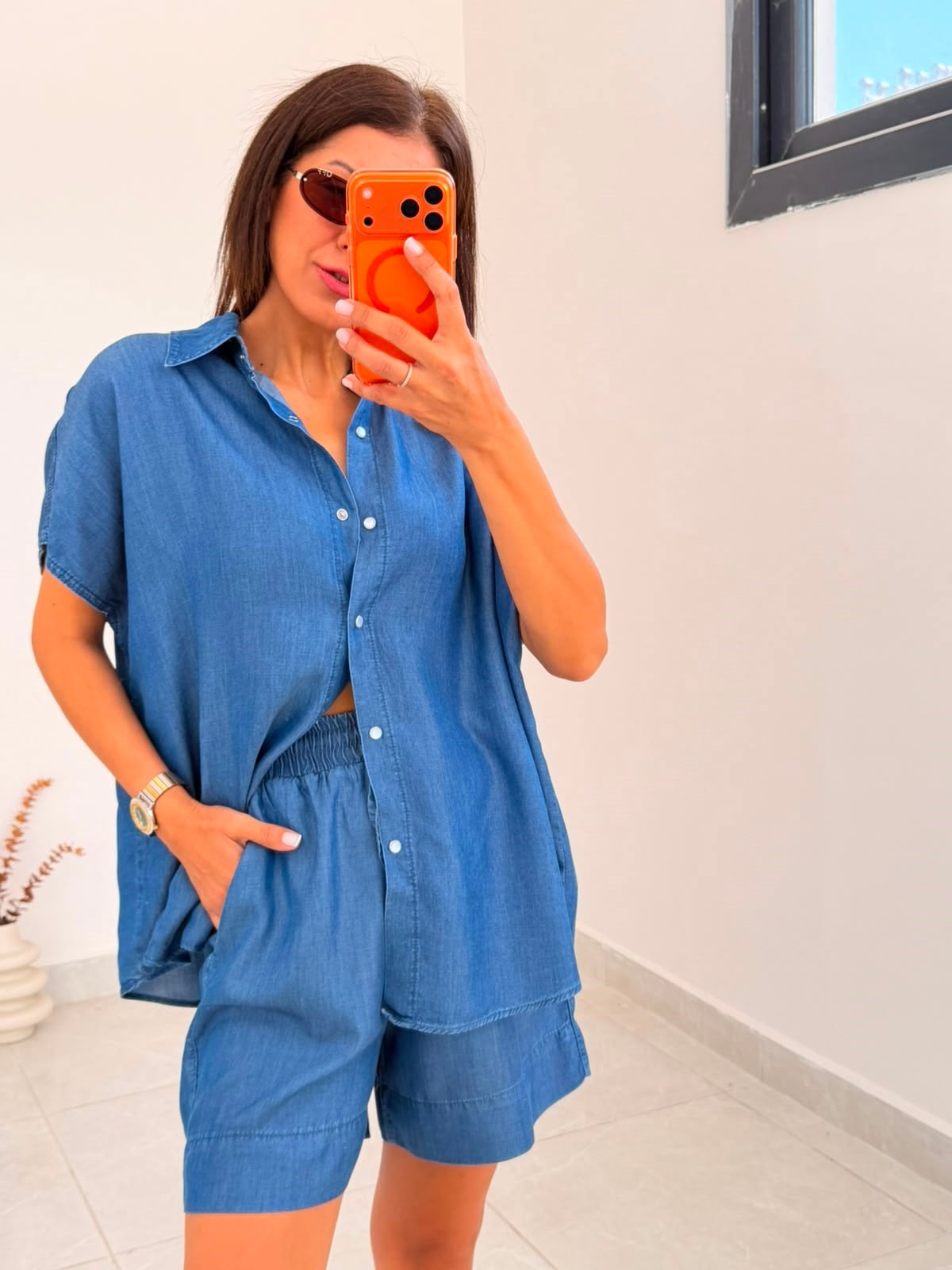 Premium Seri Tensel Jean Şort Gömlek Takım Koyu Mavi