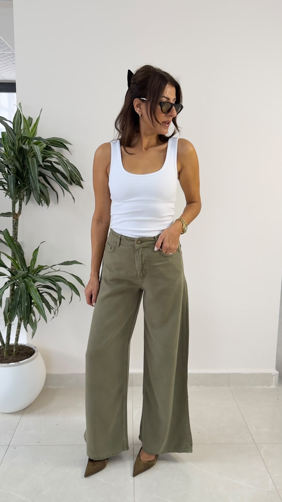 Premium Yumuşak Doku Denim Palazzo Haki
