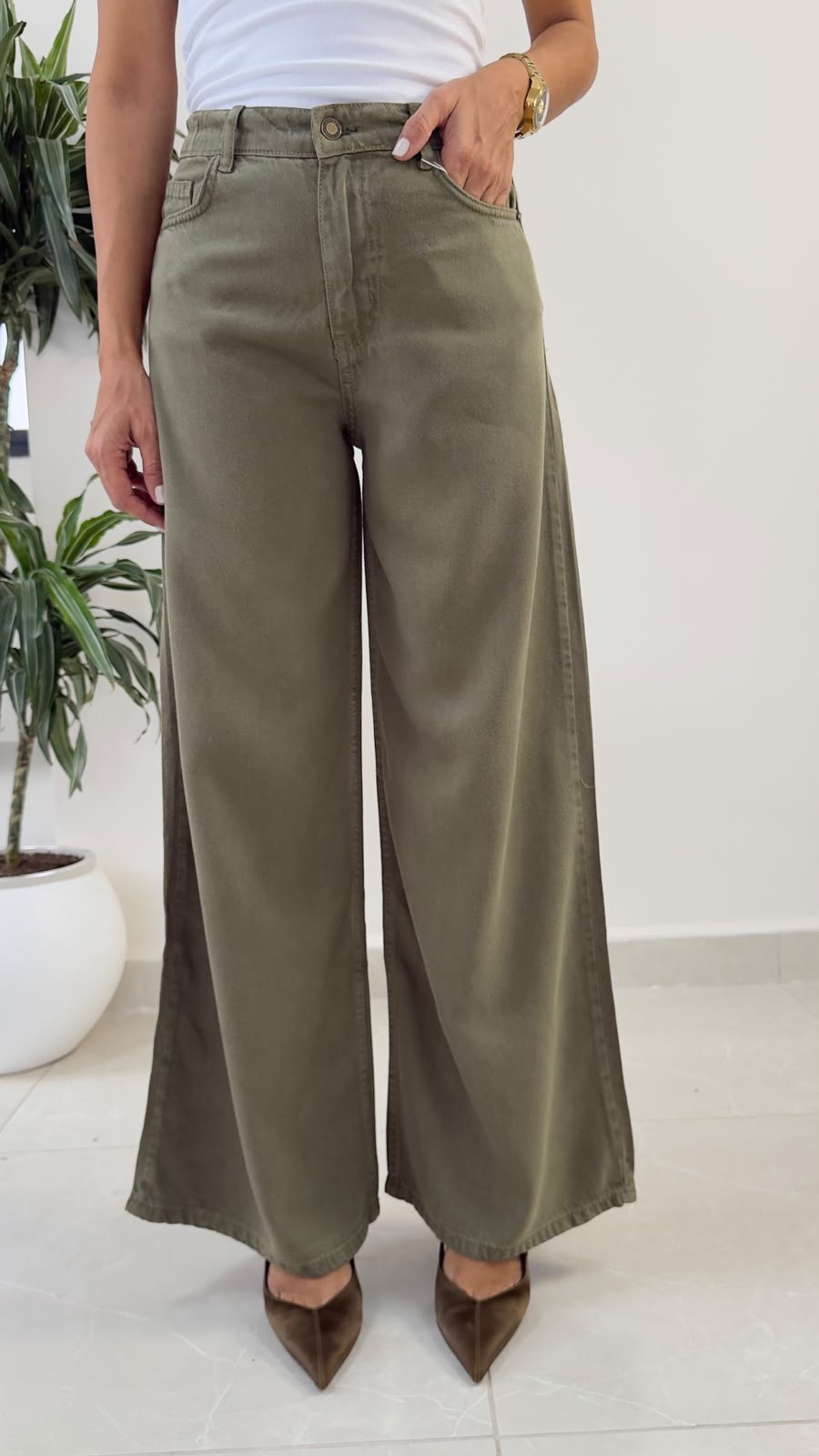 Premium Yumuşak Doku Denim Palazzo Haki