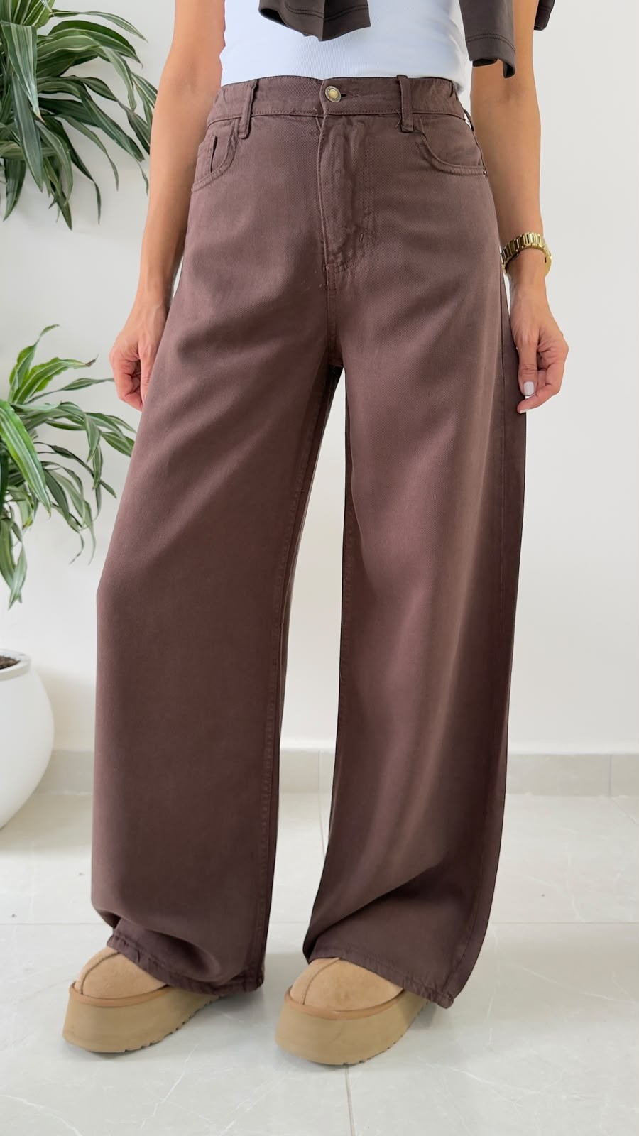 Premium Yumuşak Dokulu Denim Palazzo Acı Kahve