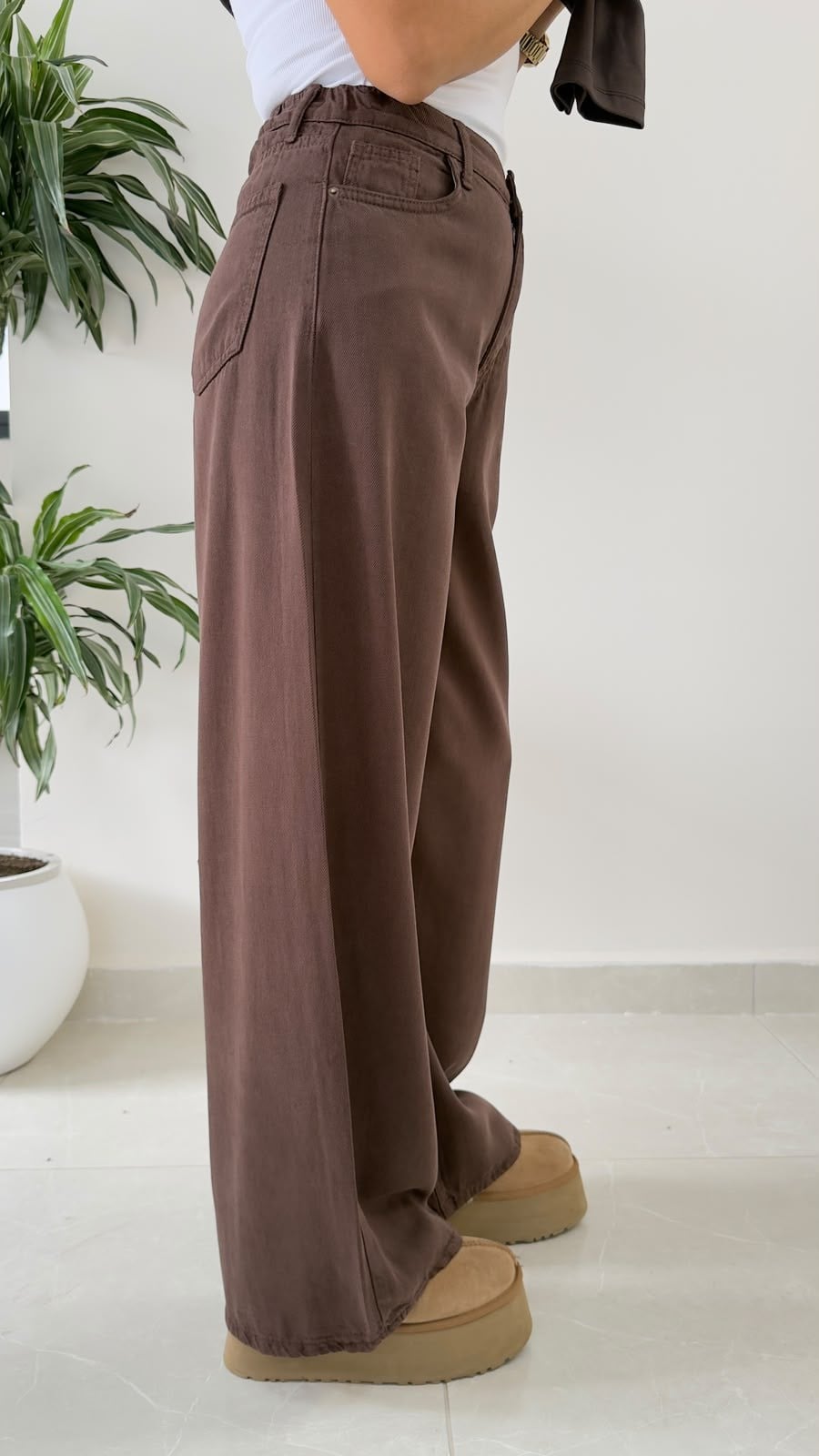 Premium Yumuşak Dokulu Denim Palazzo Acı Kahve