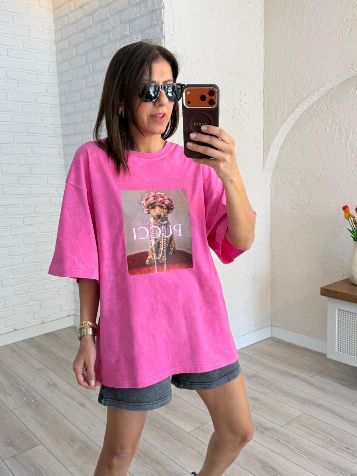 Pucci Baskılı Oversıze Tişört Eskitme Pembe