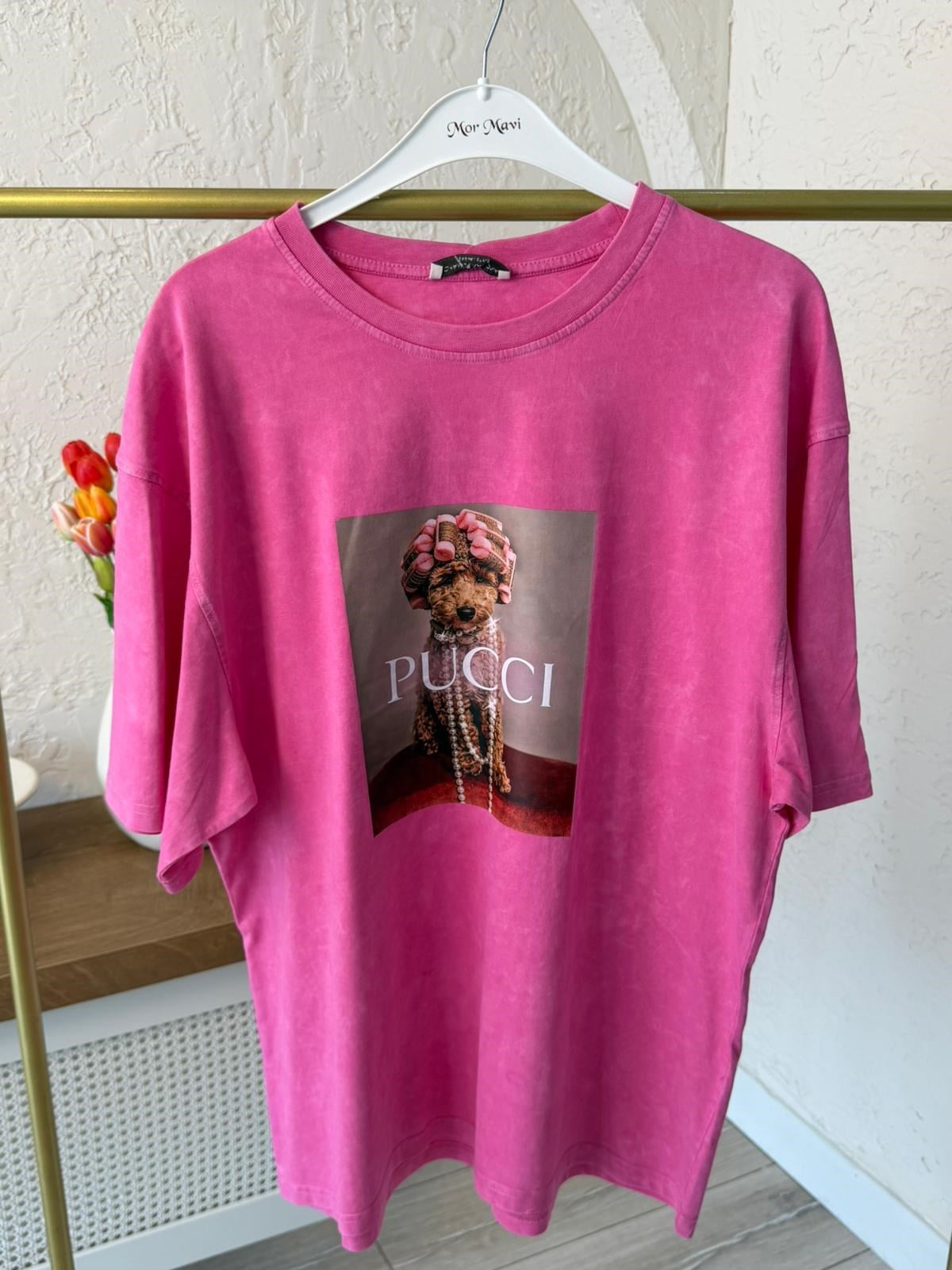 Pucci Baskılı Oversıze Tişört Eskitme Pembe