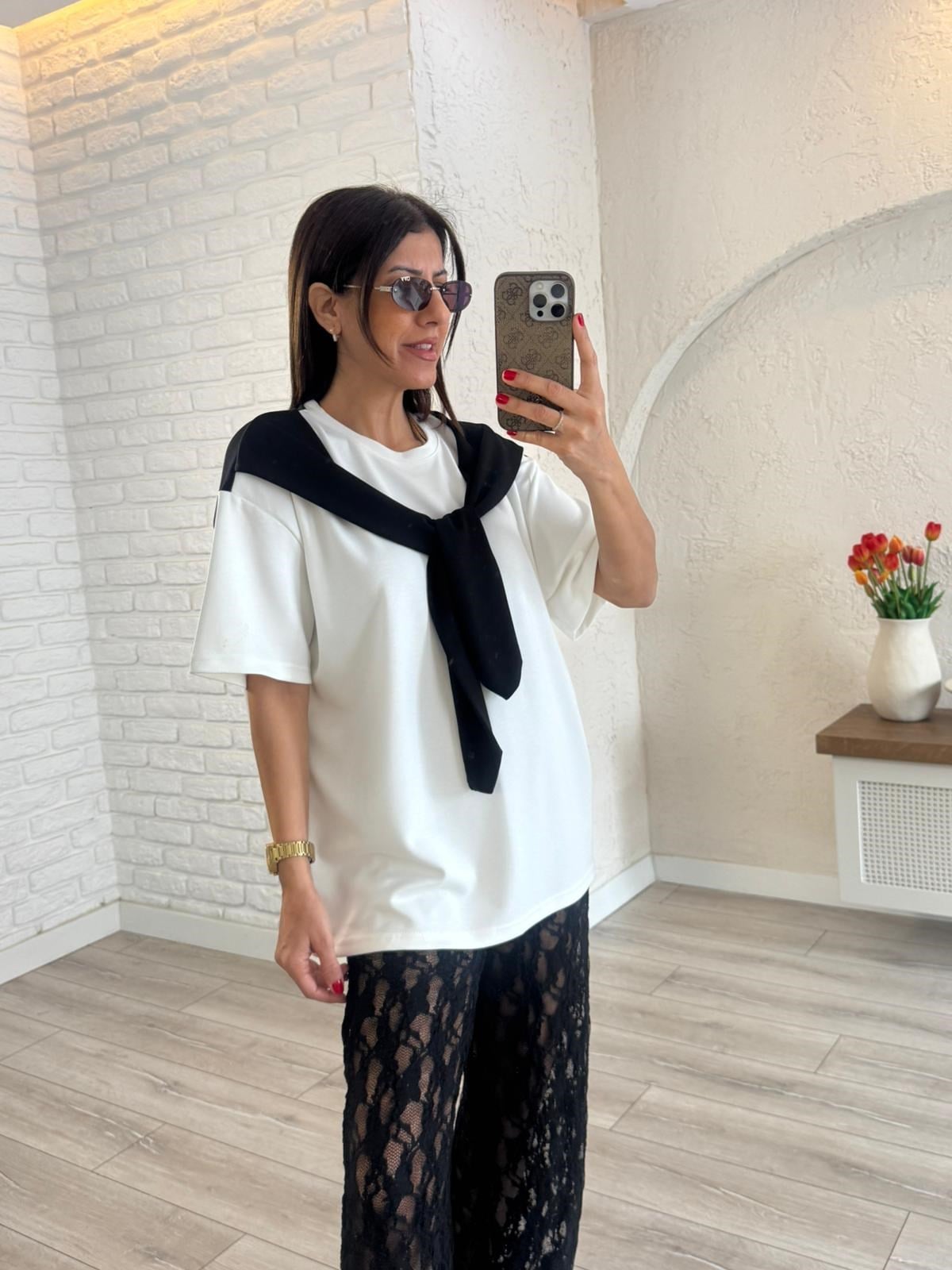 Şal Yaka Detaylı Tshirt Ekru