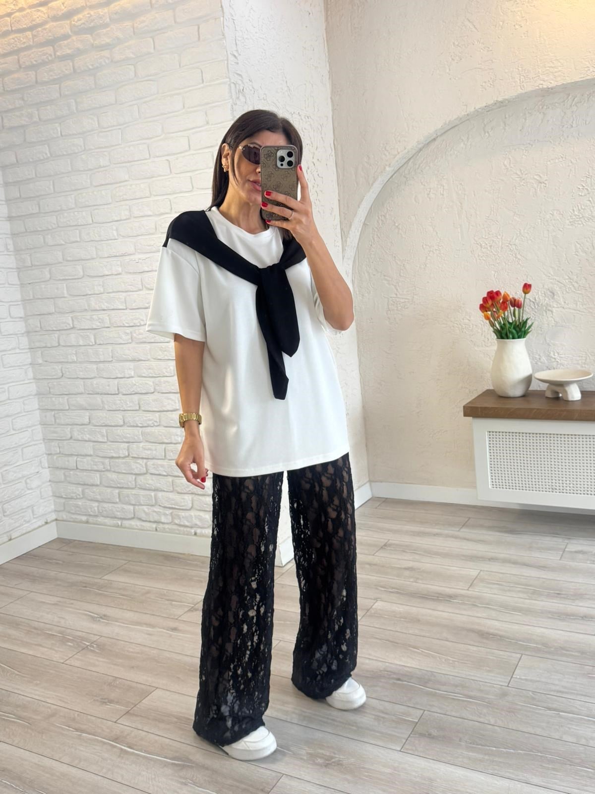 Şal Yaka Detaylı Tshirt Ekru