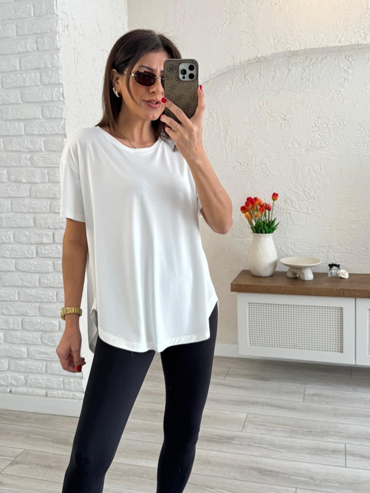 Sırt Pile Detaylı Basic Tişört  Ekru 