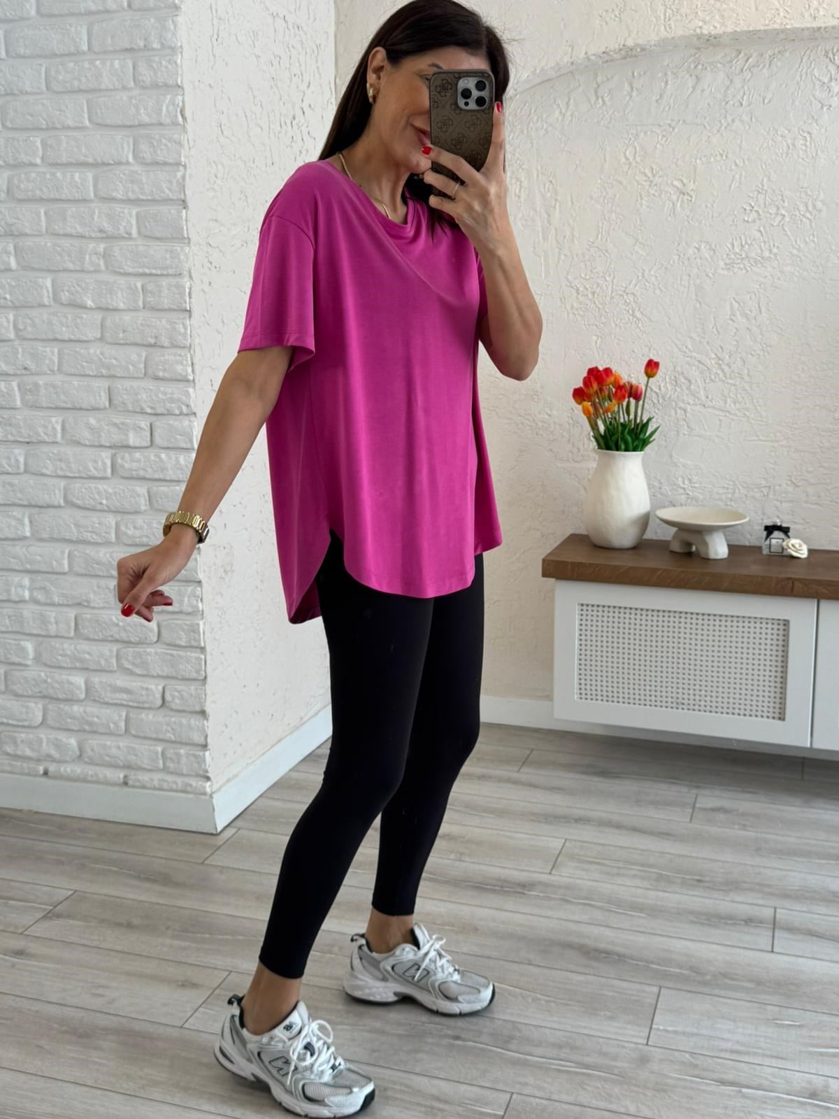 Sırt Pile Detaylı Basic Tişört Fuşya