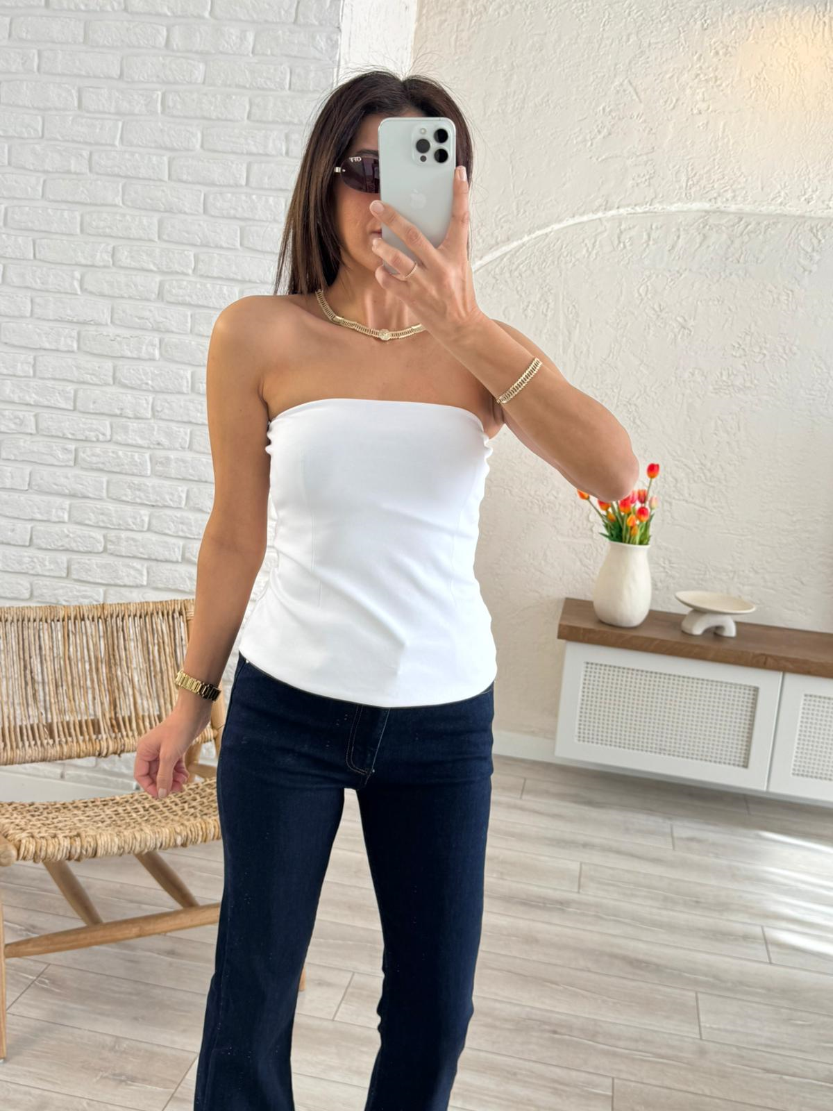 Straplez Alt Volanlı Top Beyaz