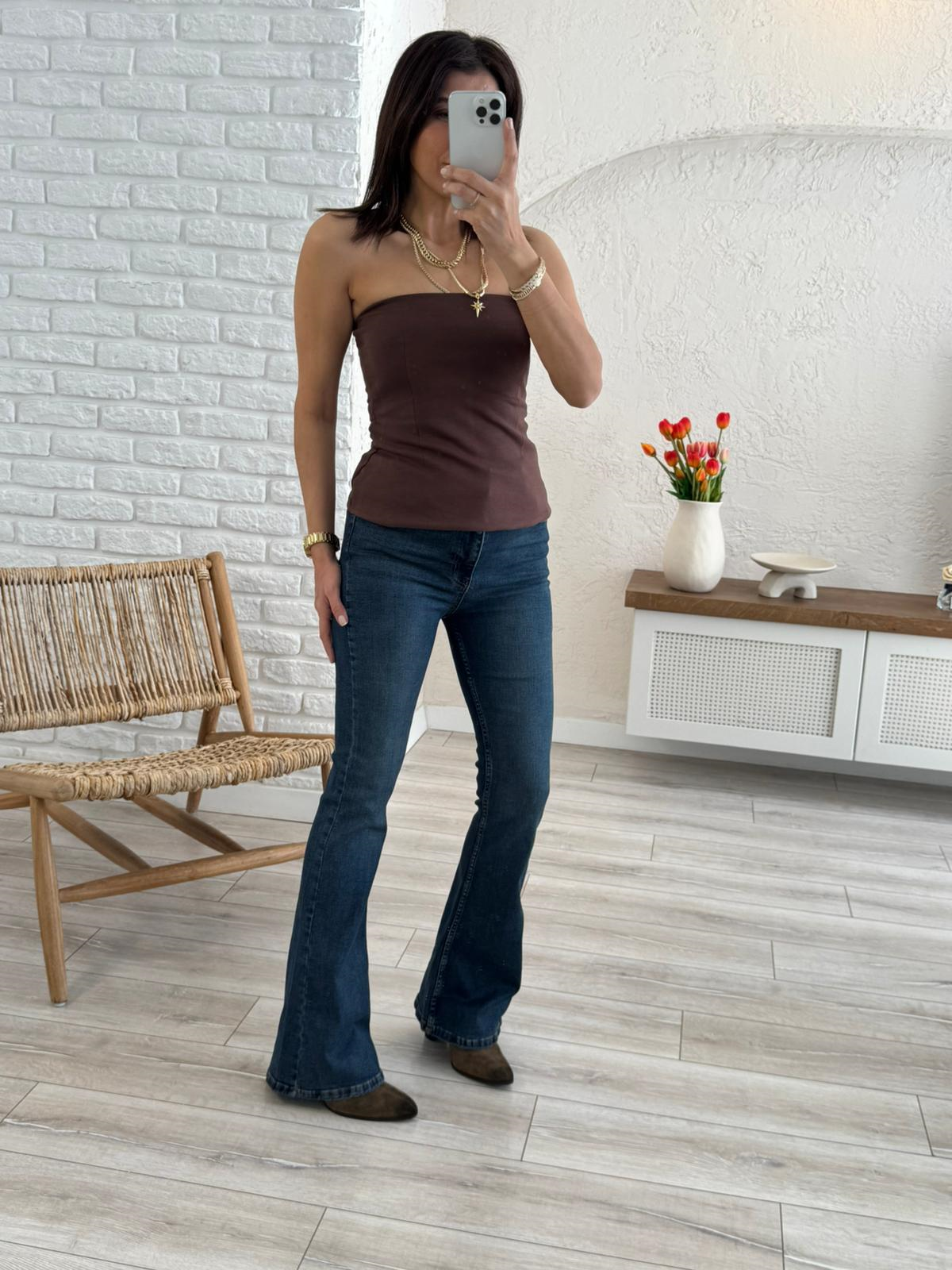 Straplez Alt Volanlı Top Kahve