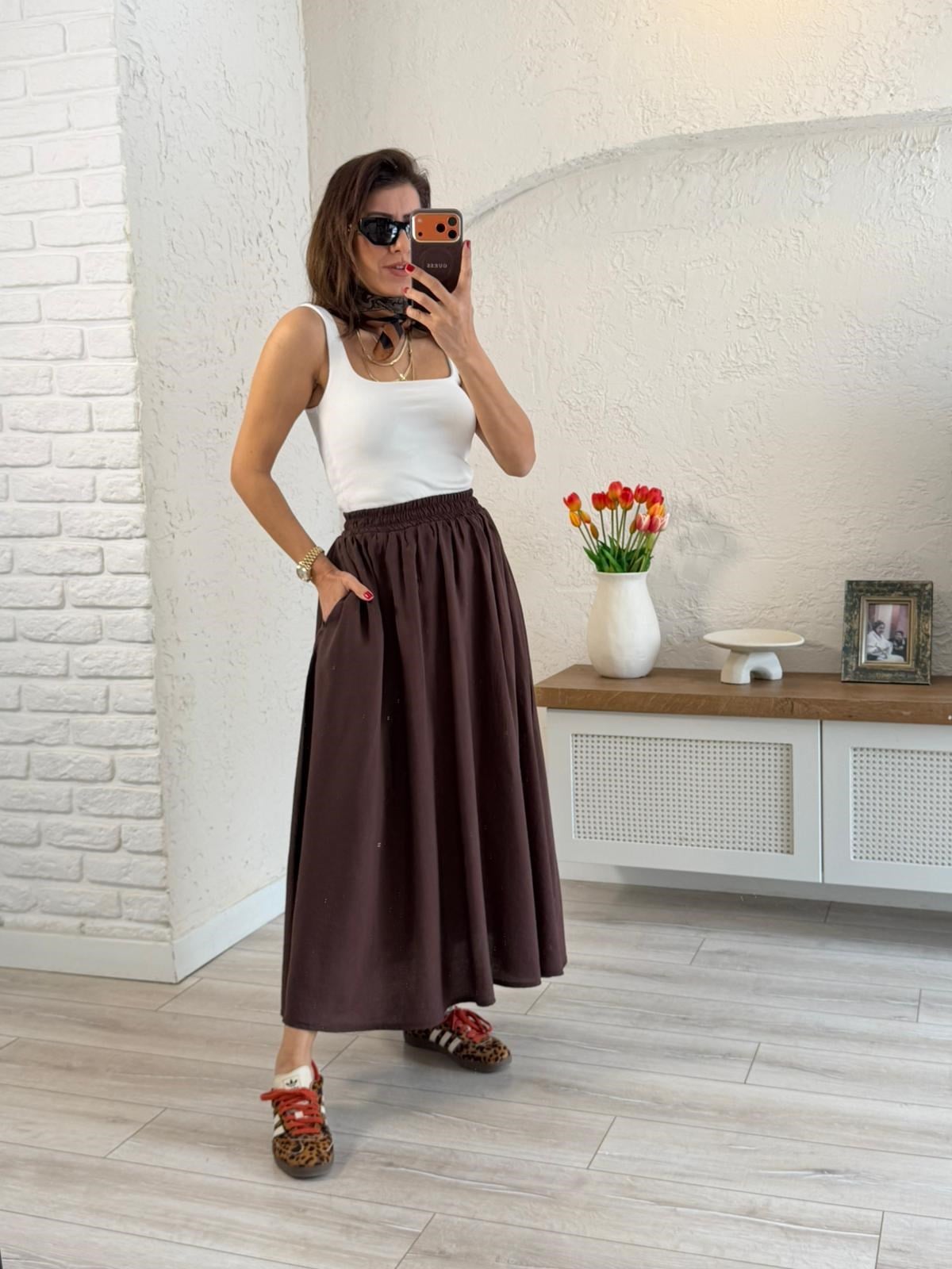 Tensel Kumaş Beli Lastikli Cepli Uzun Etek Kahve