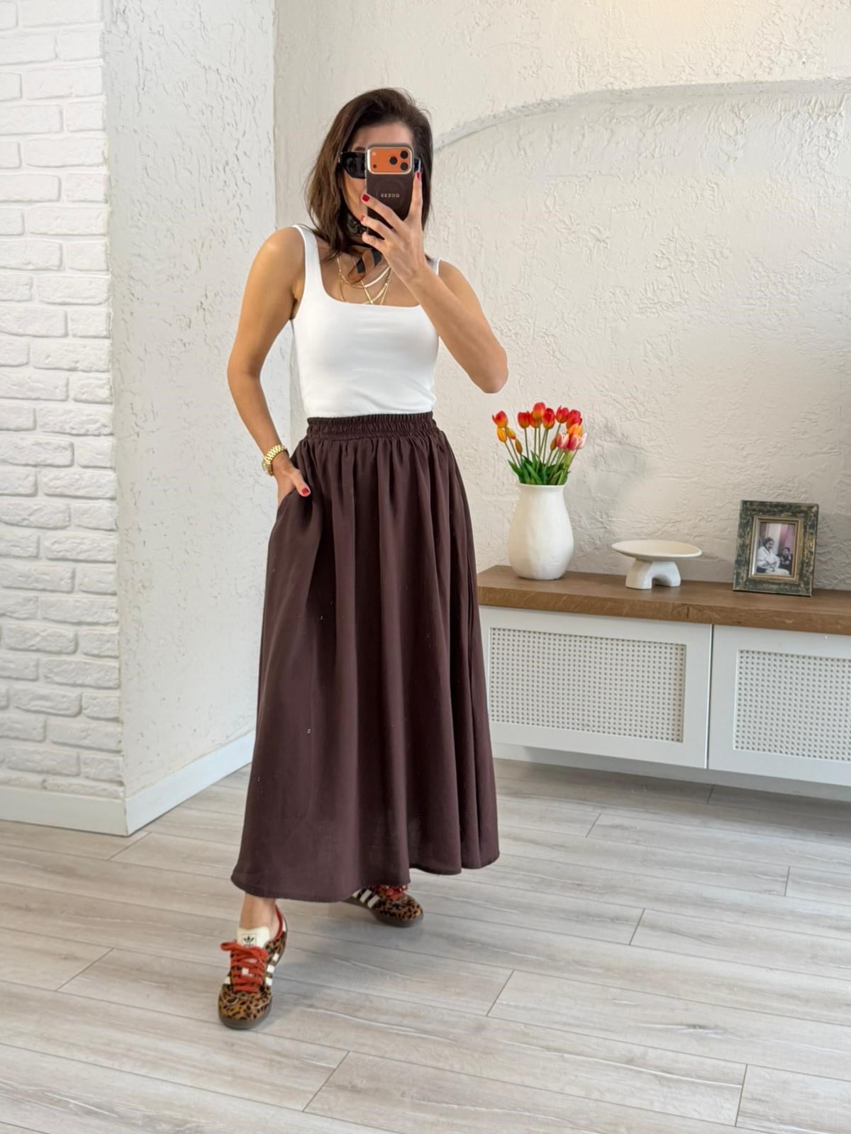 Tensel Kumaş Beli Lastikli Cepli Uzun Etek Kahve