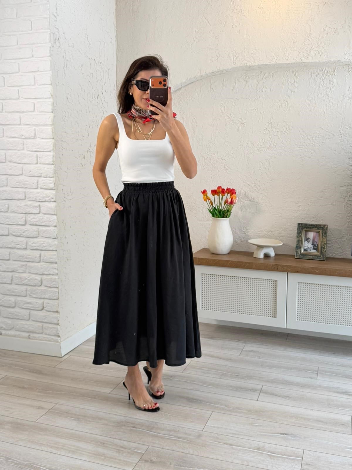 Tensel Kumaş Beli Lastikli Cepli Uzun Etek Siyah