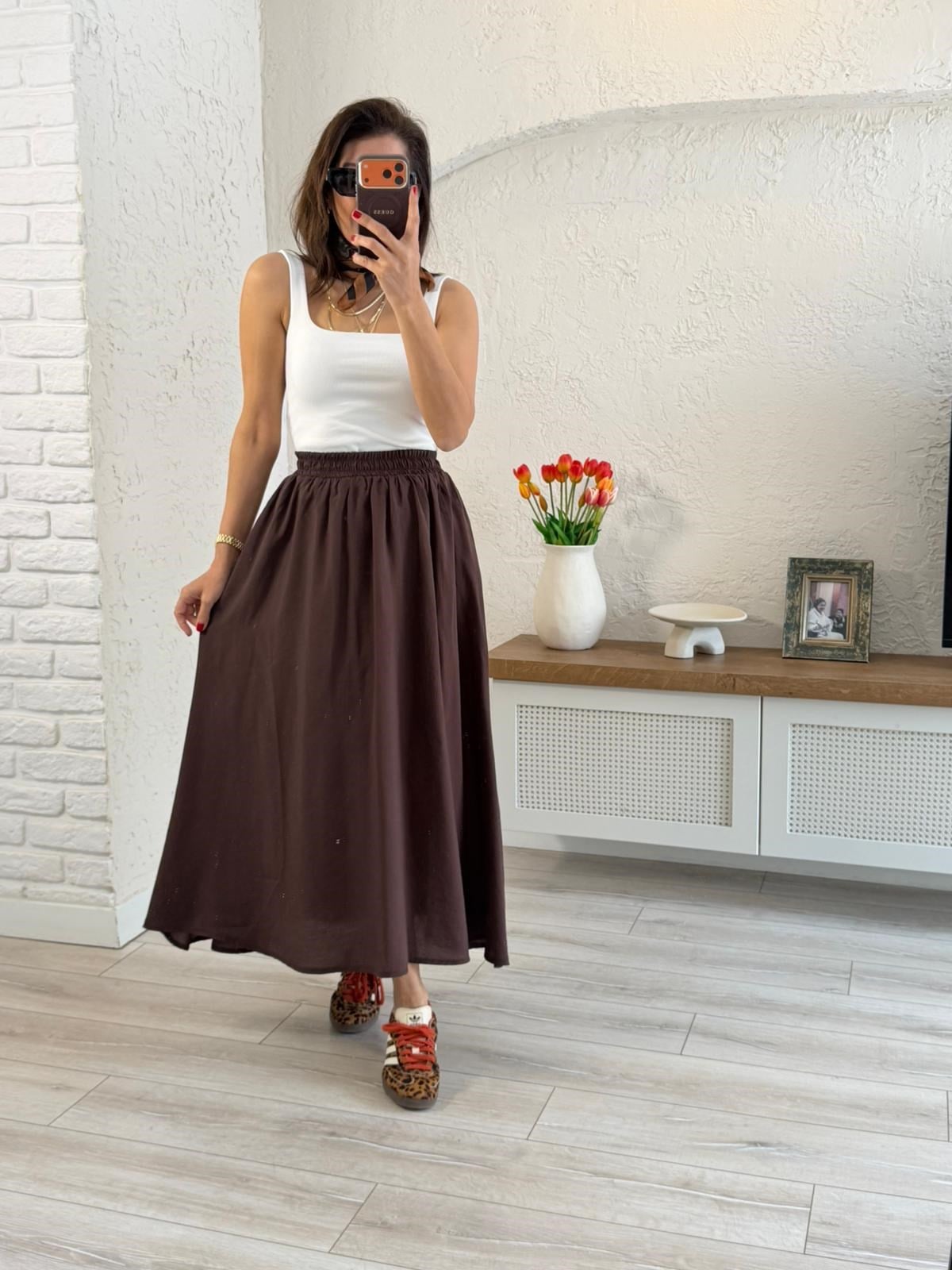 Tensel Kumaş Beli Lastikli Cepli Uzun Etek Kahve