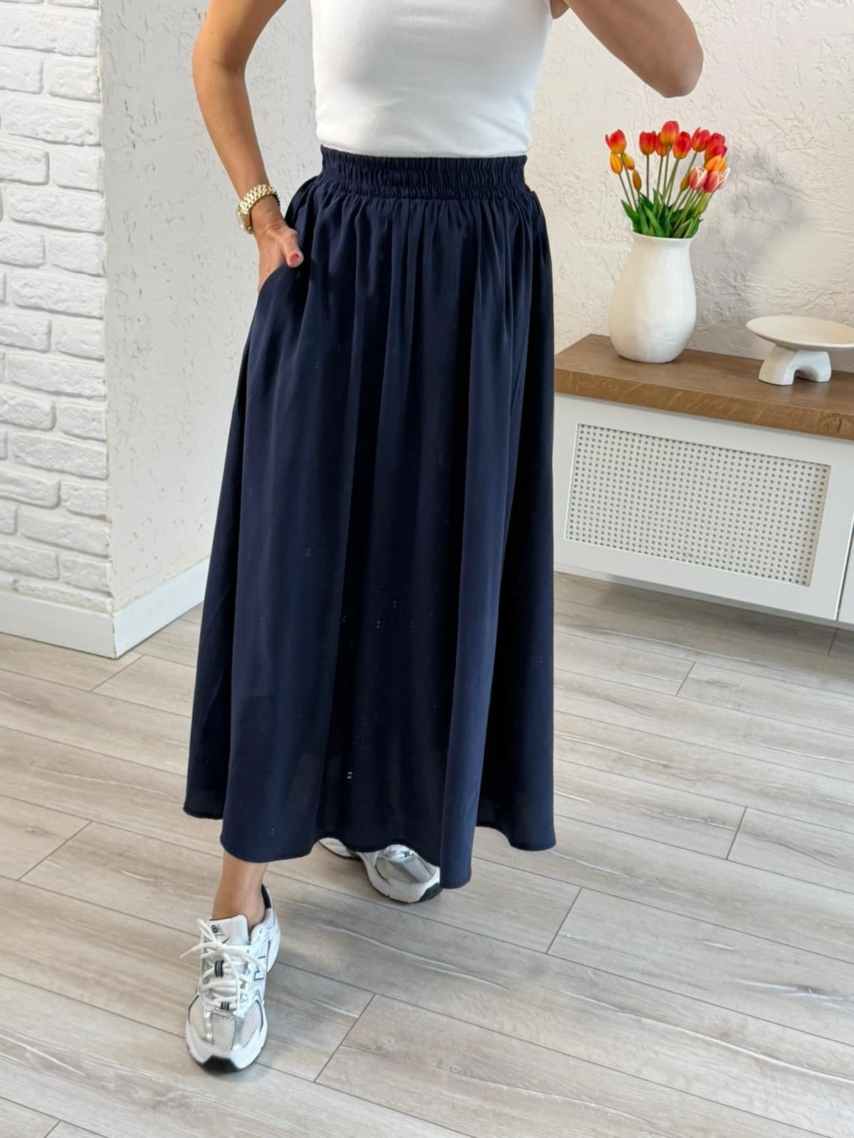 Tensel Kumaş Beli Lastikli Cepli Uzun Etek Lacivert 