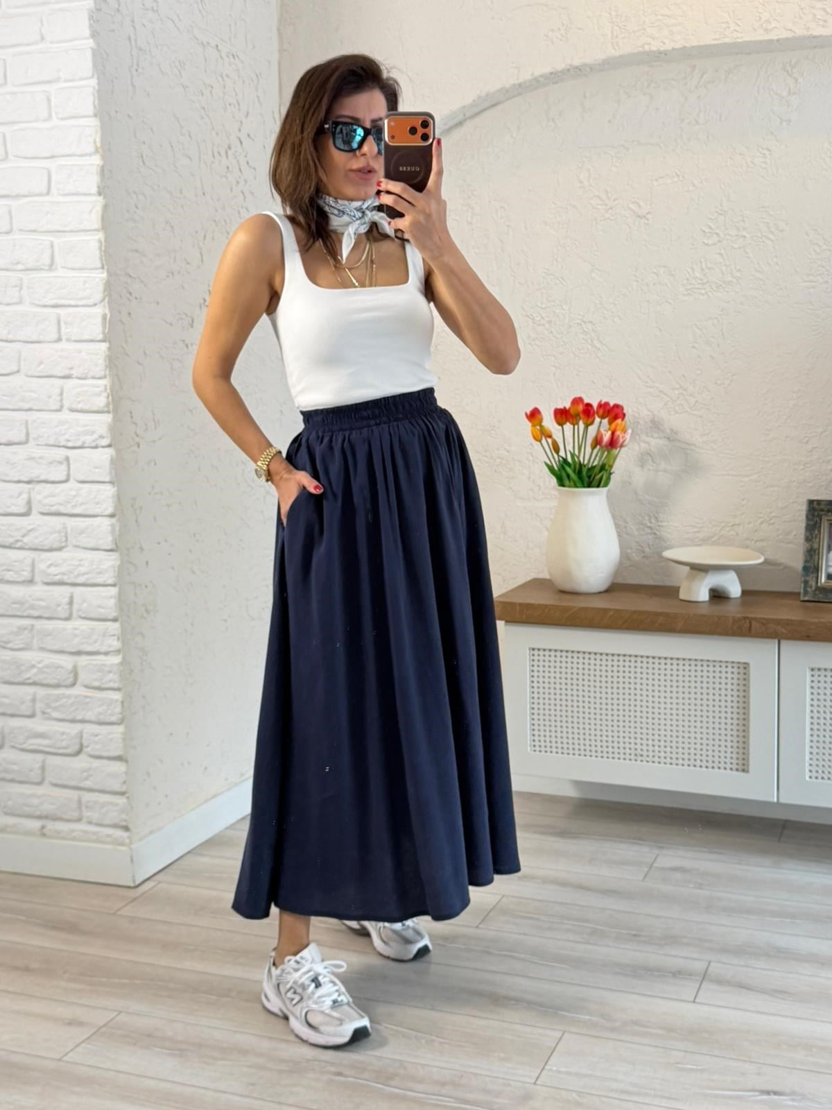 Tensel Kumaş Beli Lastikli Cepli Uzun Etek Lacivert 