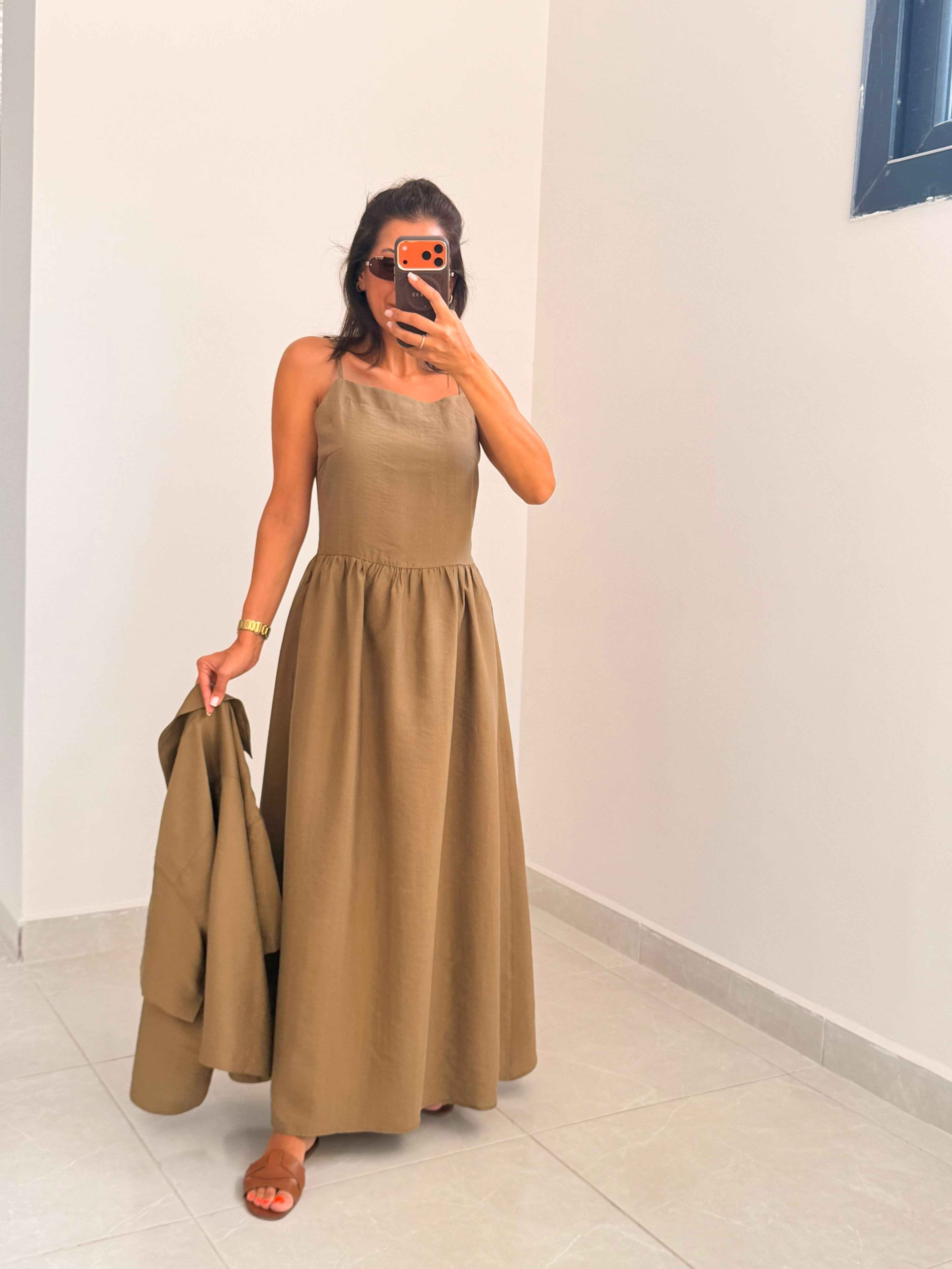 Tensel Kumaş Gömlek Elbise Takım Vizon 