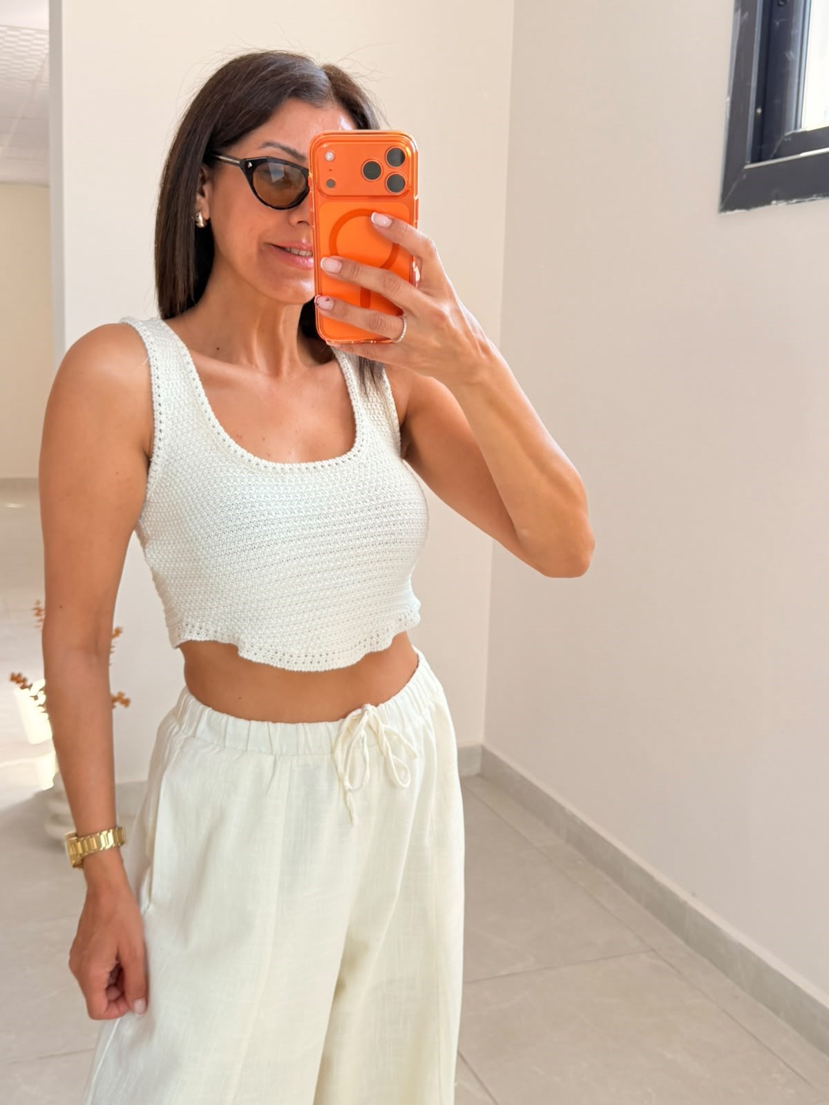 Triko Kroşe Crop Top Ham Ekru