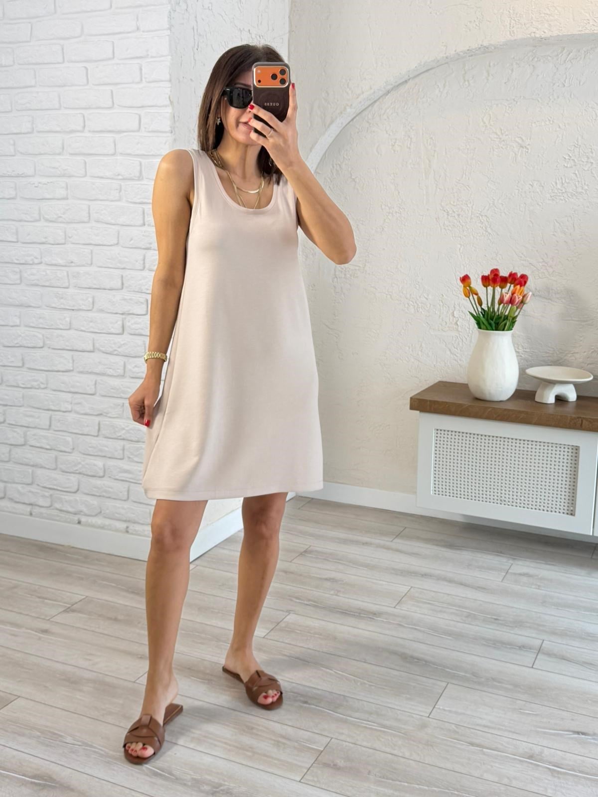 U Yaka Kalın Askılı Modal Elbise Bej 