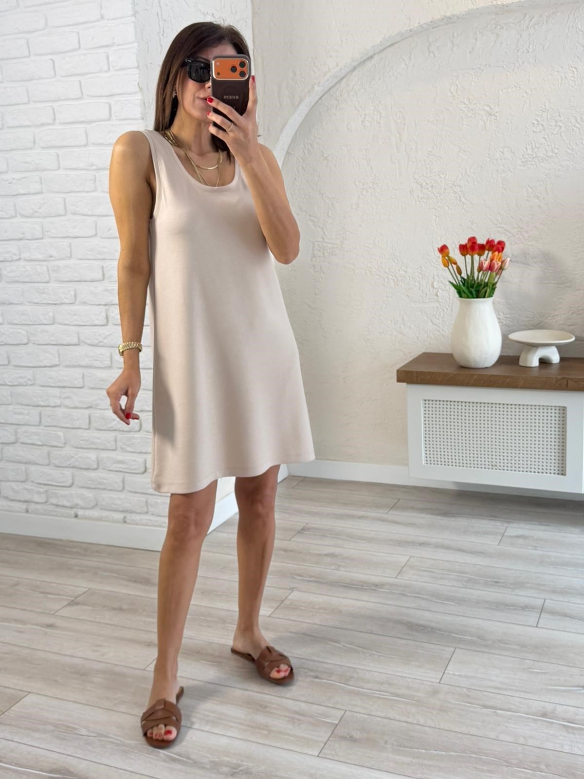 U Yaka Kalın Askılı Modal Elbise Bej 