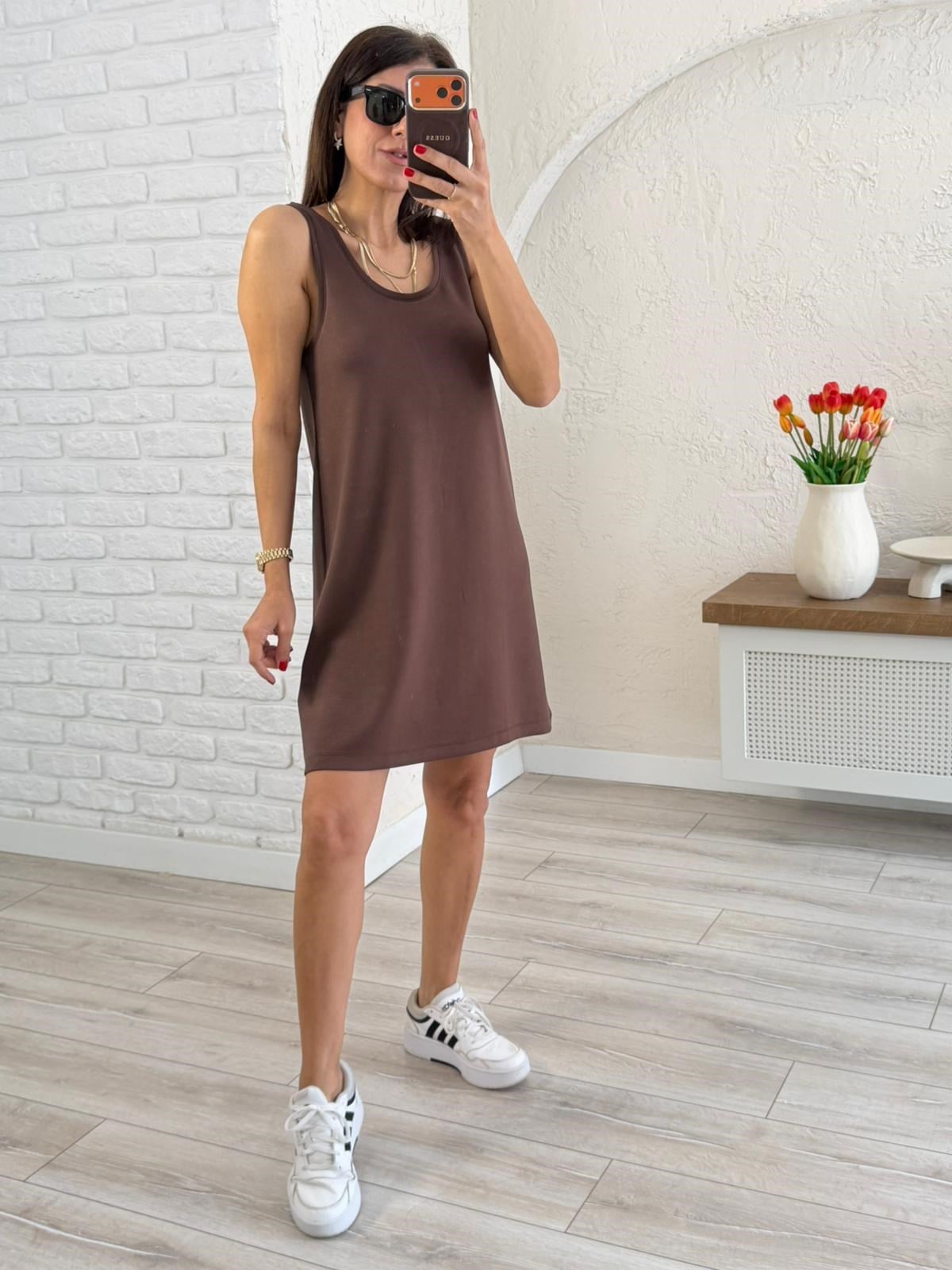 U yaka Kalın Askılı Modal Elbise Kahverengi 