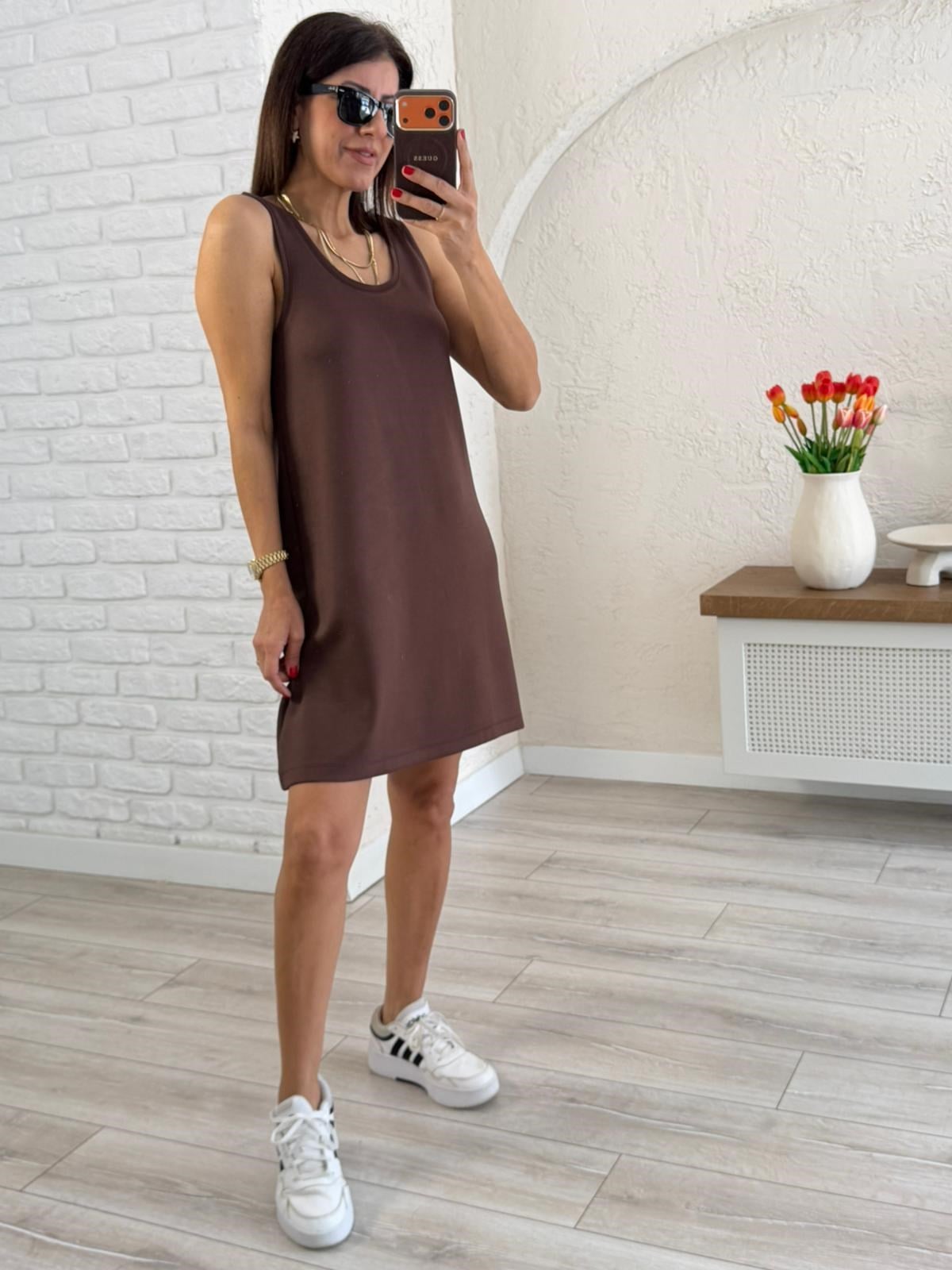 U yaka Kalın Askılı Modal Elbise Kahverengi 