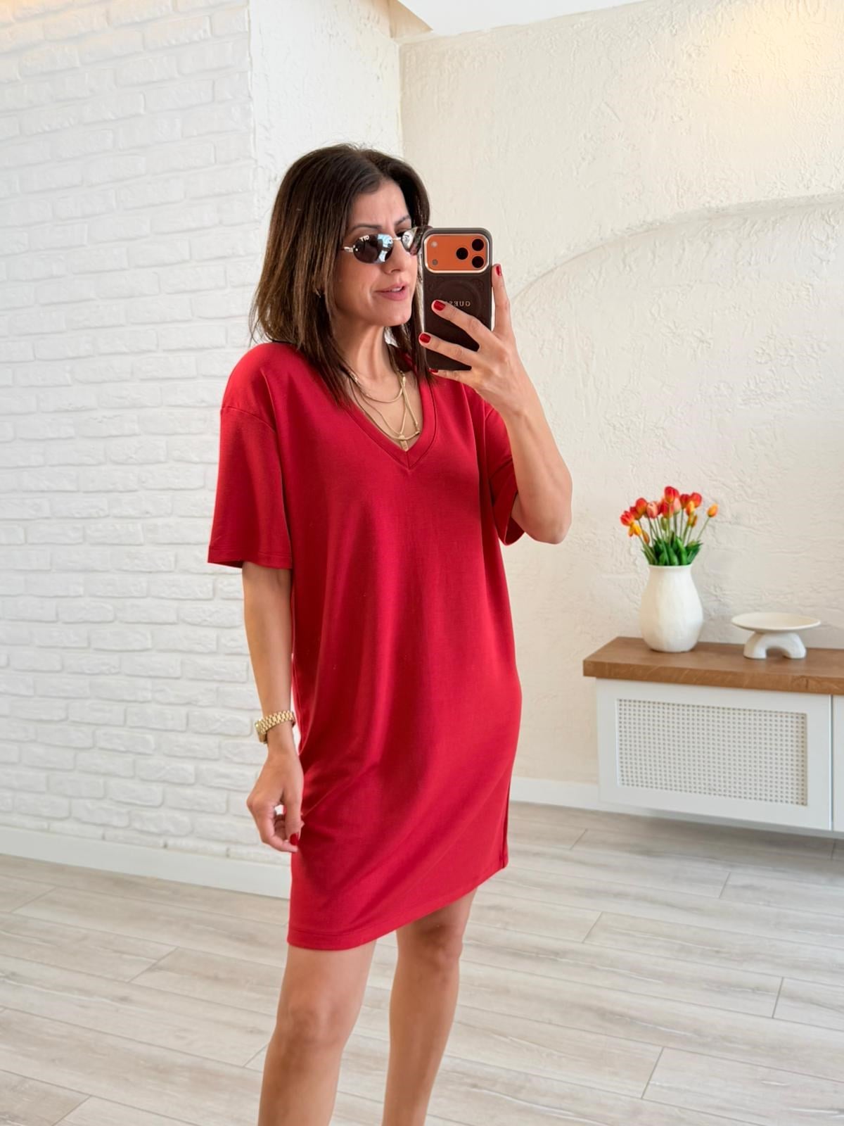 V Yaka Modal Kumaş Dökümlü Elbise Kırmızı