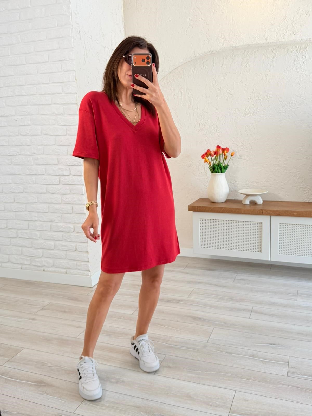 V Yaka Modal Kumaş Dökümlü Elbise Kırmızı