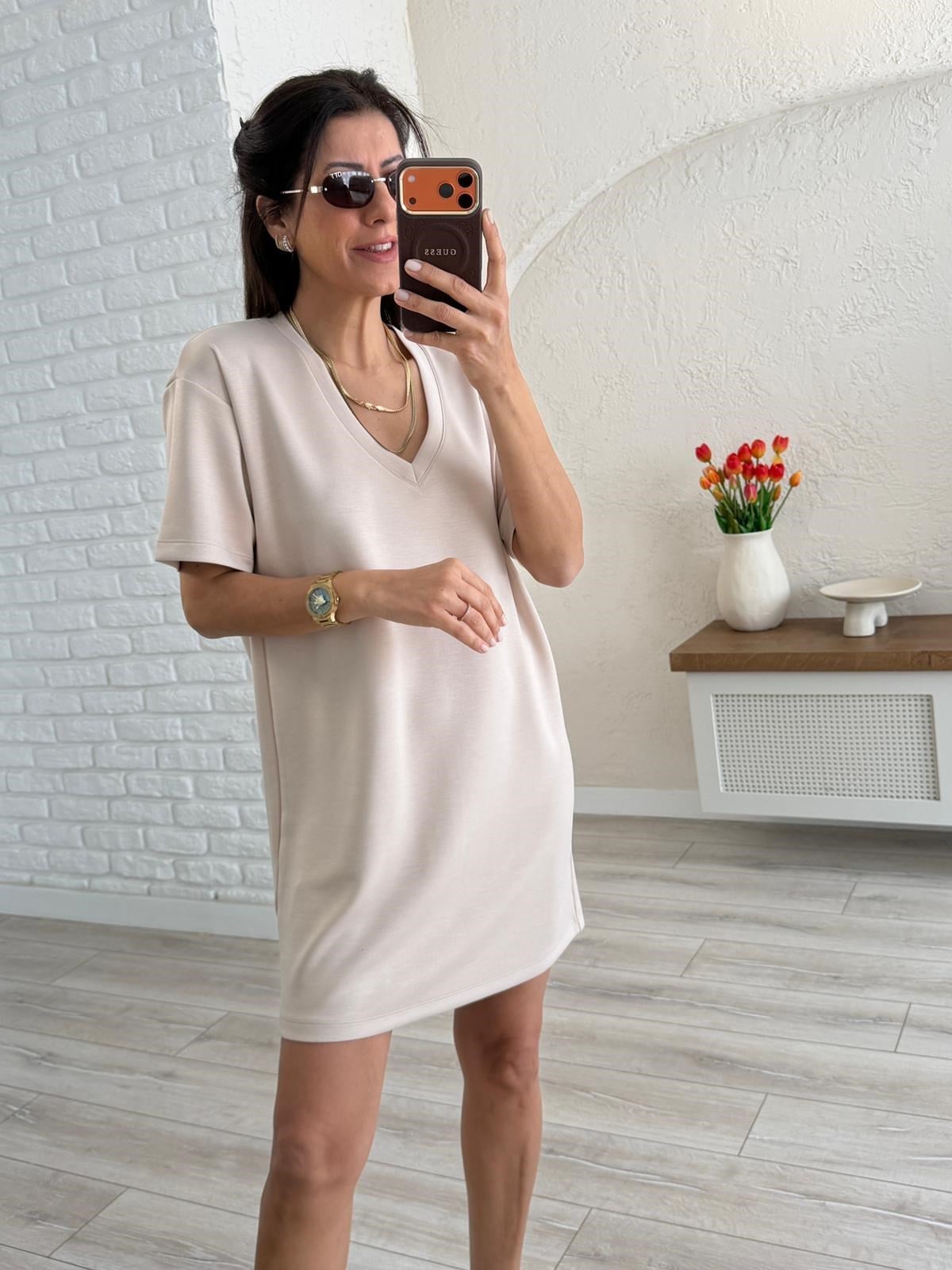 V yaka Modal Kumaş  Dökümlü Elbise Taş