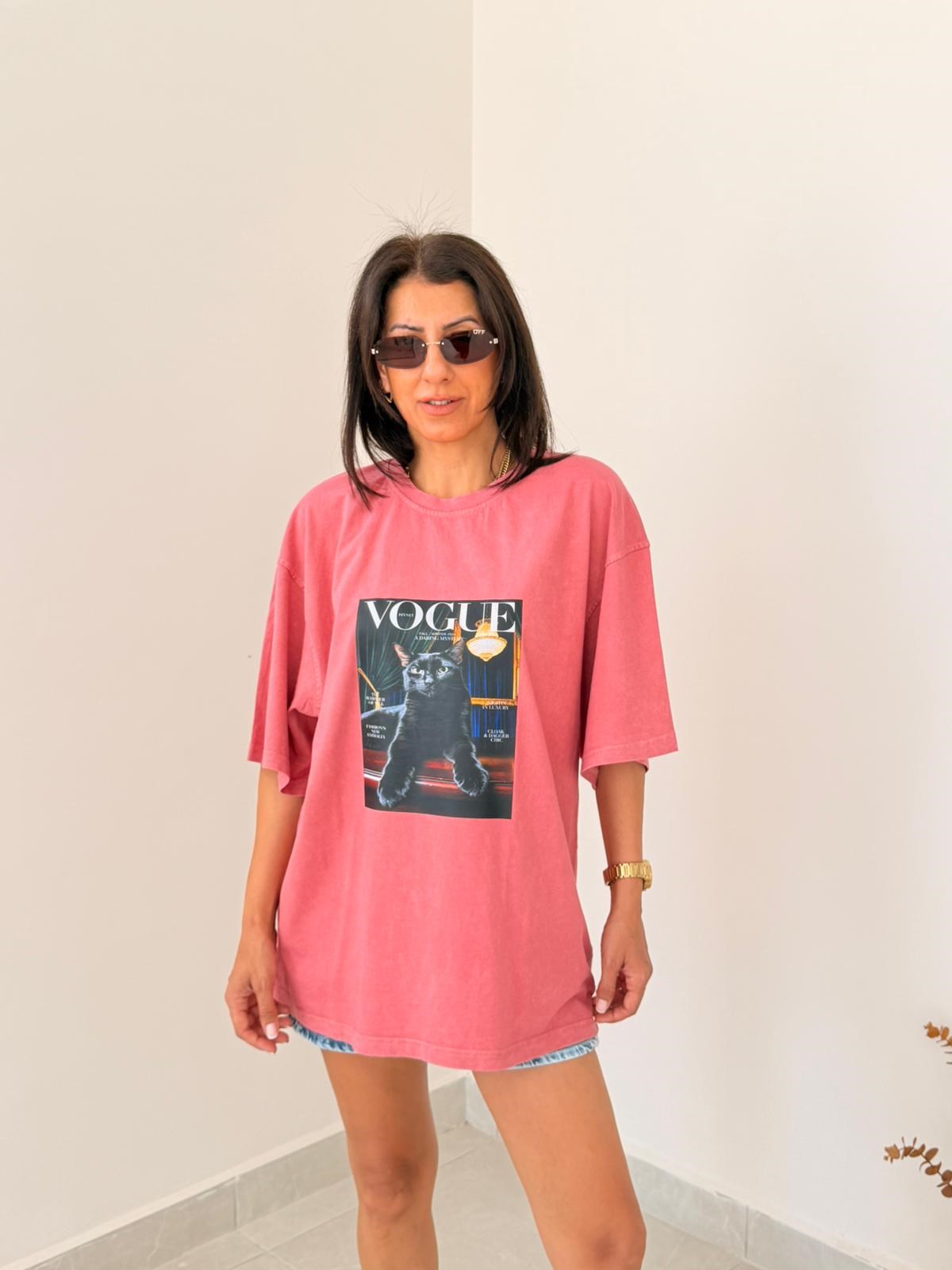 Vogue Kedi Baskılı Oversize Tişört Eskitme Kiremit