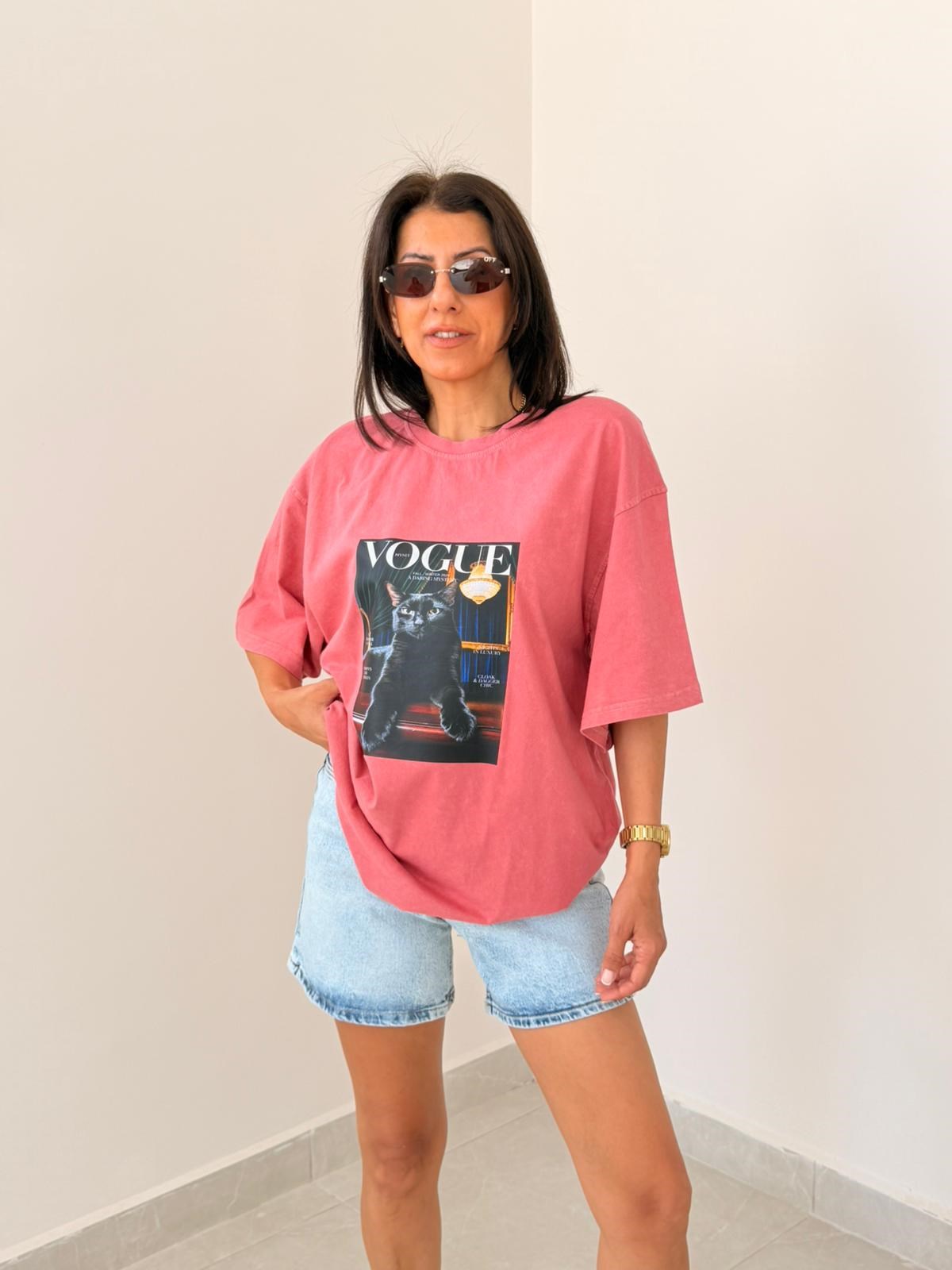 Vogue Kedi Baskılı Oversize Tişört Eskitme Kiremit