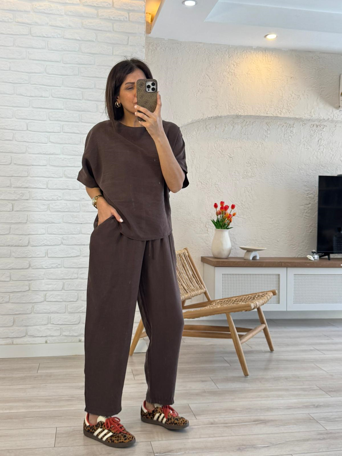 Yarasa Kol Tensel Keten Şalvar Pantolonlu Takım Kahve