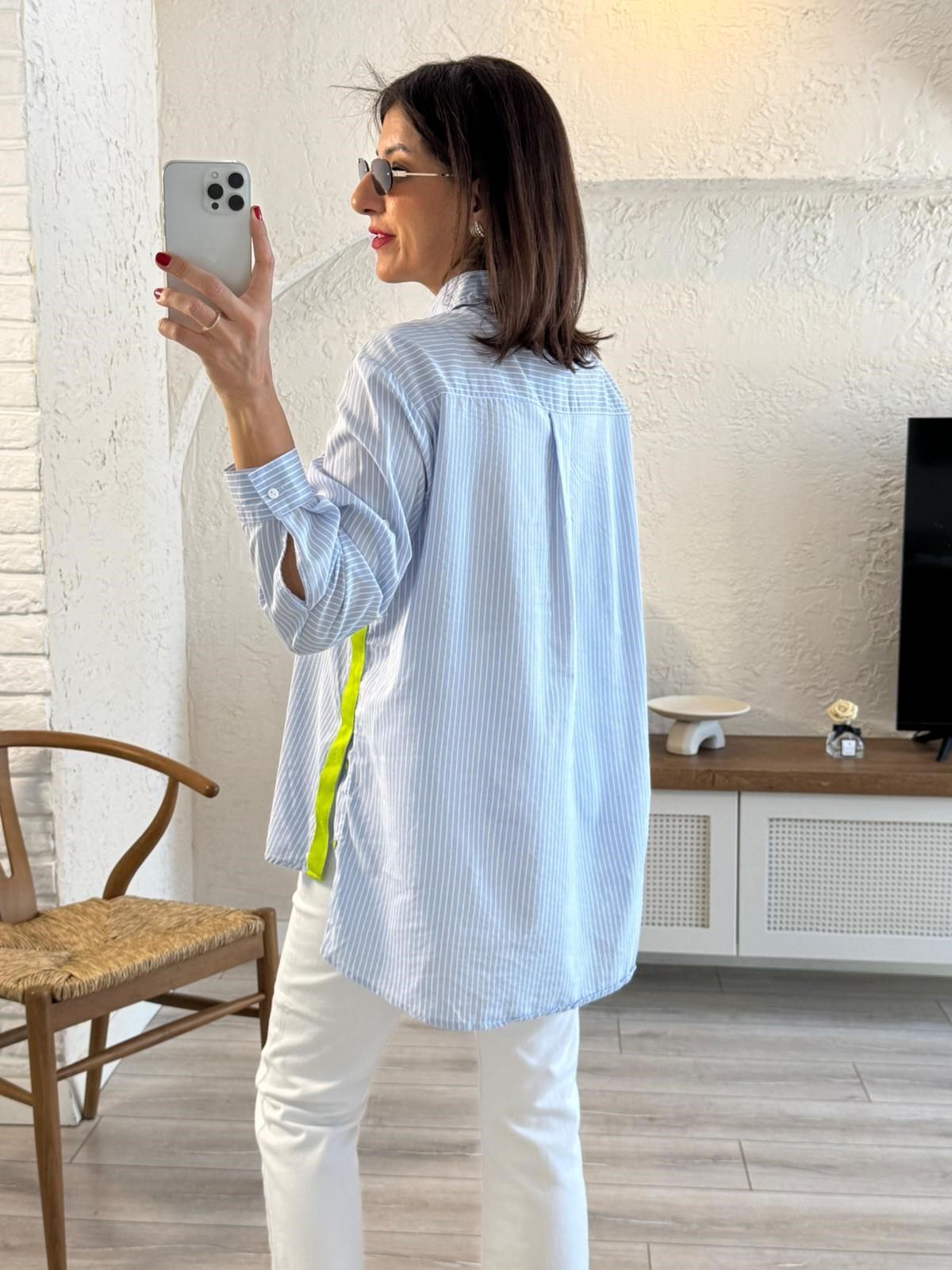 Yeşil Şeritli Çizgili Gömlek Mavi