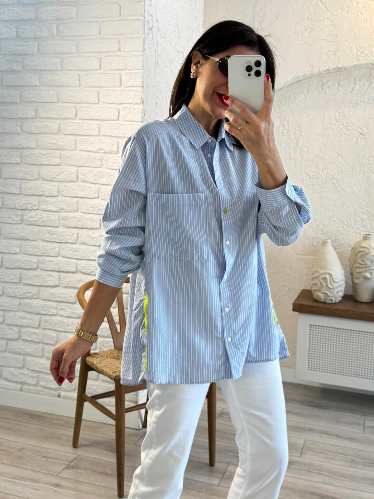 Yeşil Şeritli Çizgili Gömlek Mavi