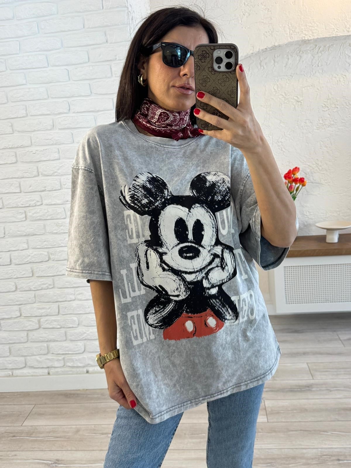 You Miki Baskılı Oversize Tişört Gri
