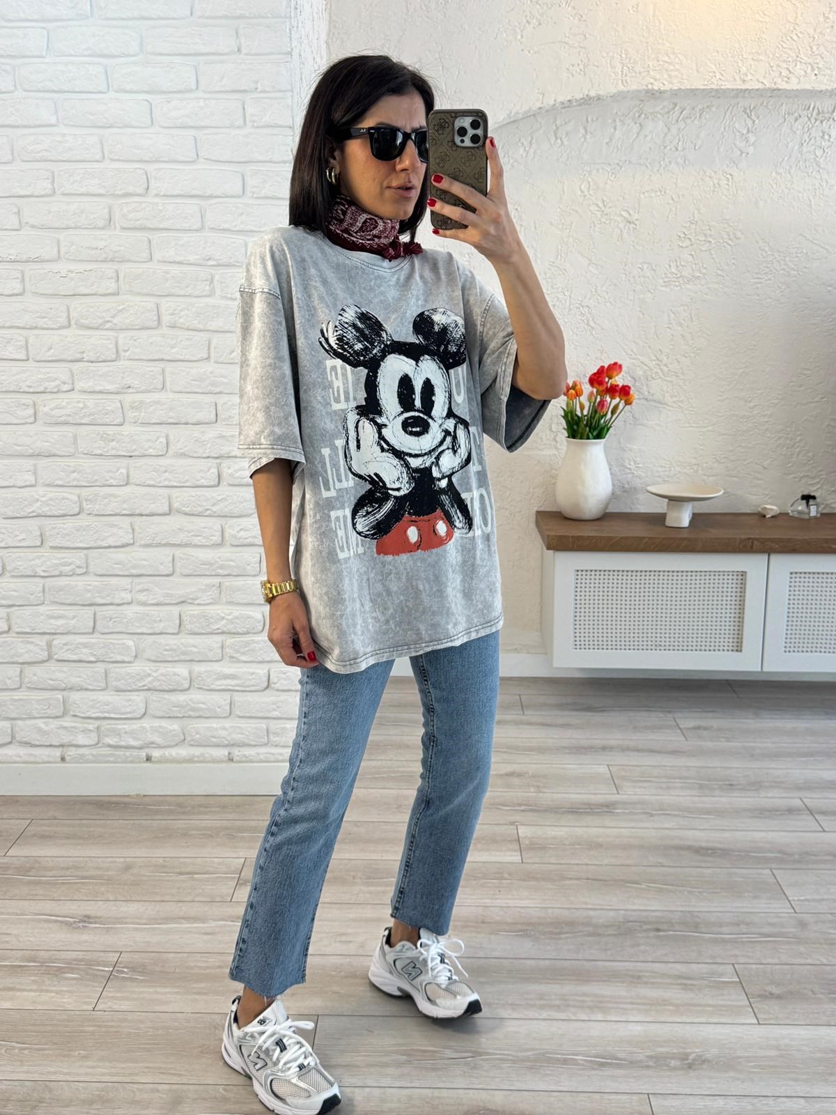 You Miki Baskılı Oversize Tişört Gri