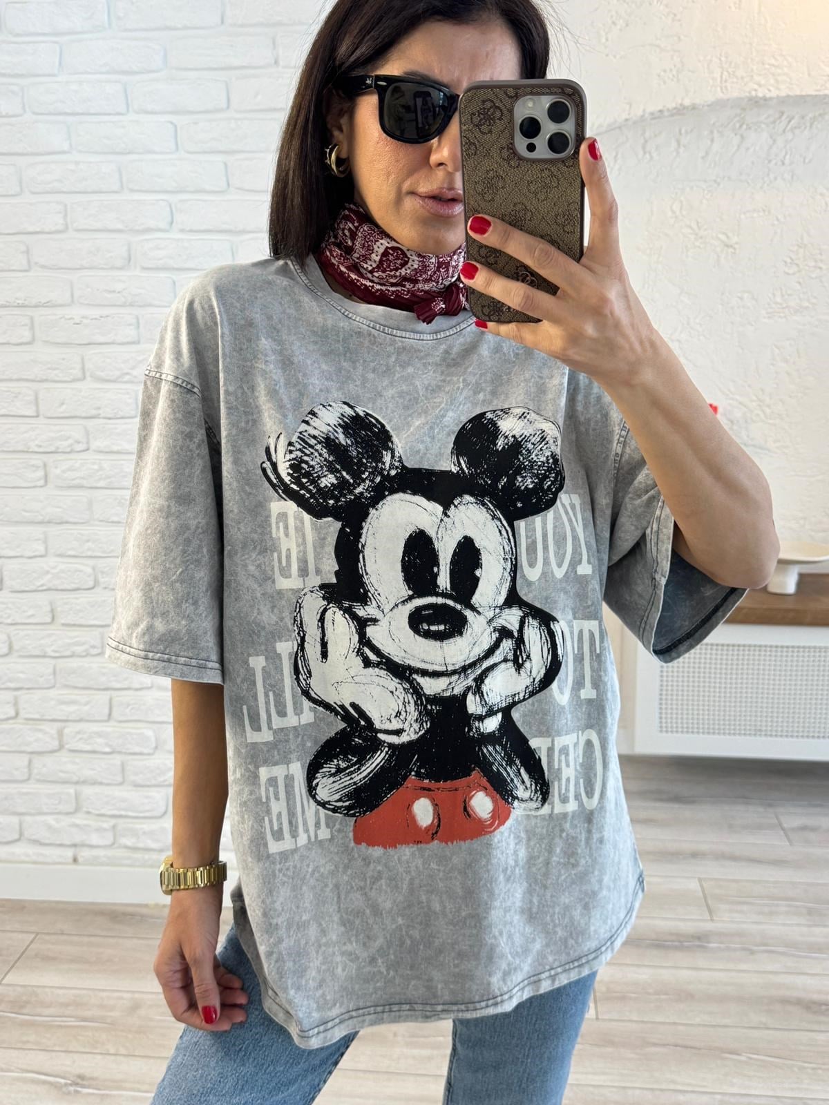 You Miki Baskılı Oversize Tişört Gri