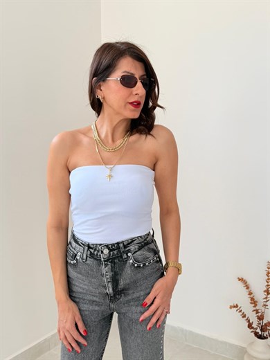  Dilvin Starplez Crop Top Beyaz