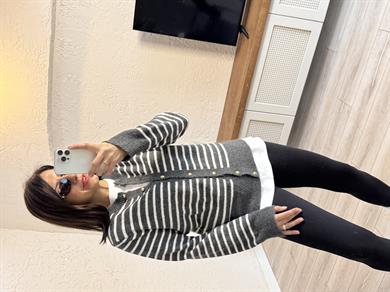  İnce Çizgili Hırka Antrasit Krem 