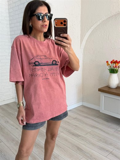  Kadın Araba Çizim Baskılı Oversize Tişort Kiremit